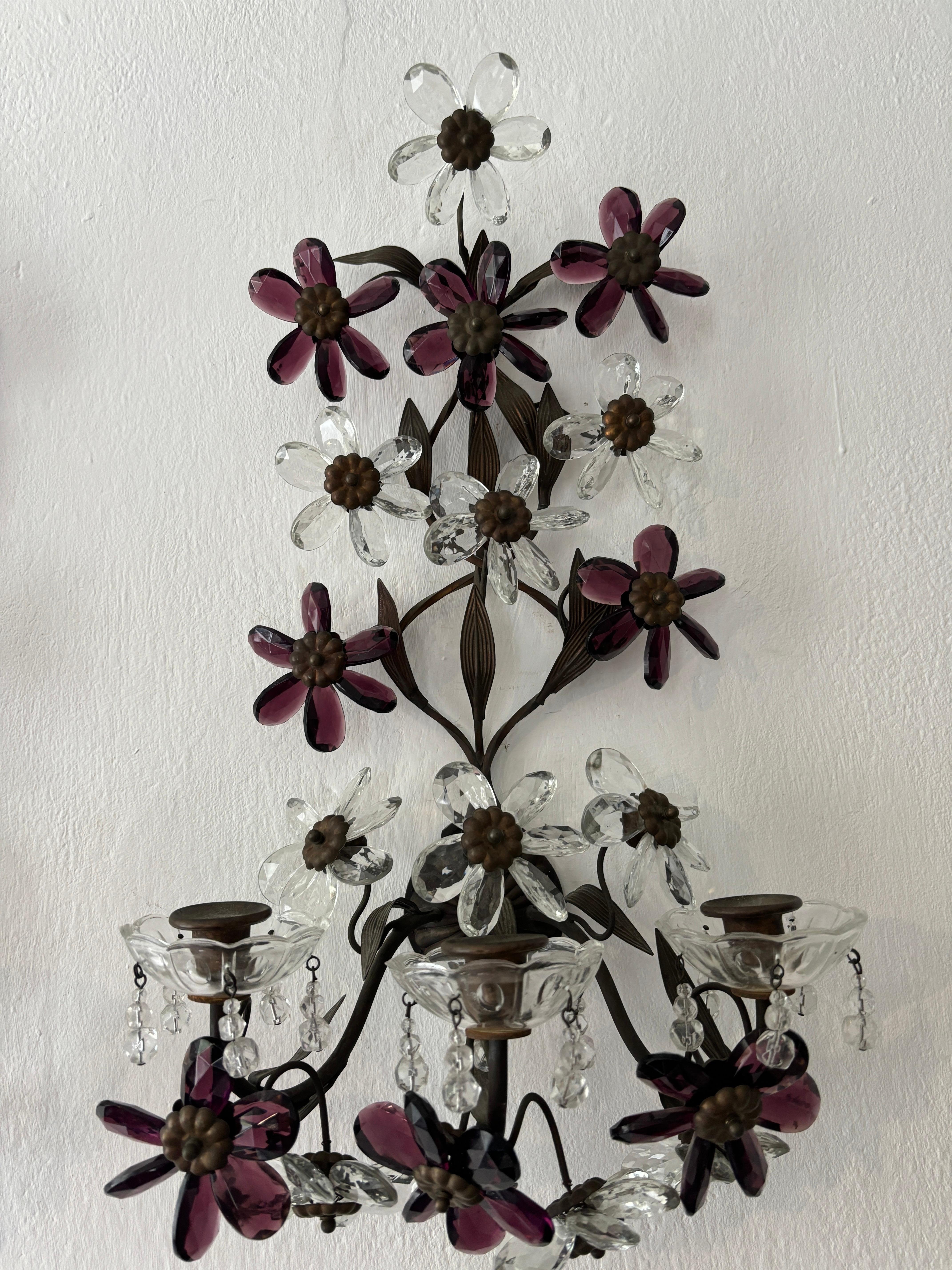 Set of 8 Clear & Amethyst Flower Maison Baguès Crystal Flower Sconces Signed For Sale 3