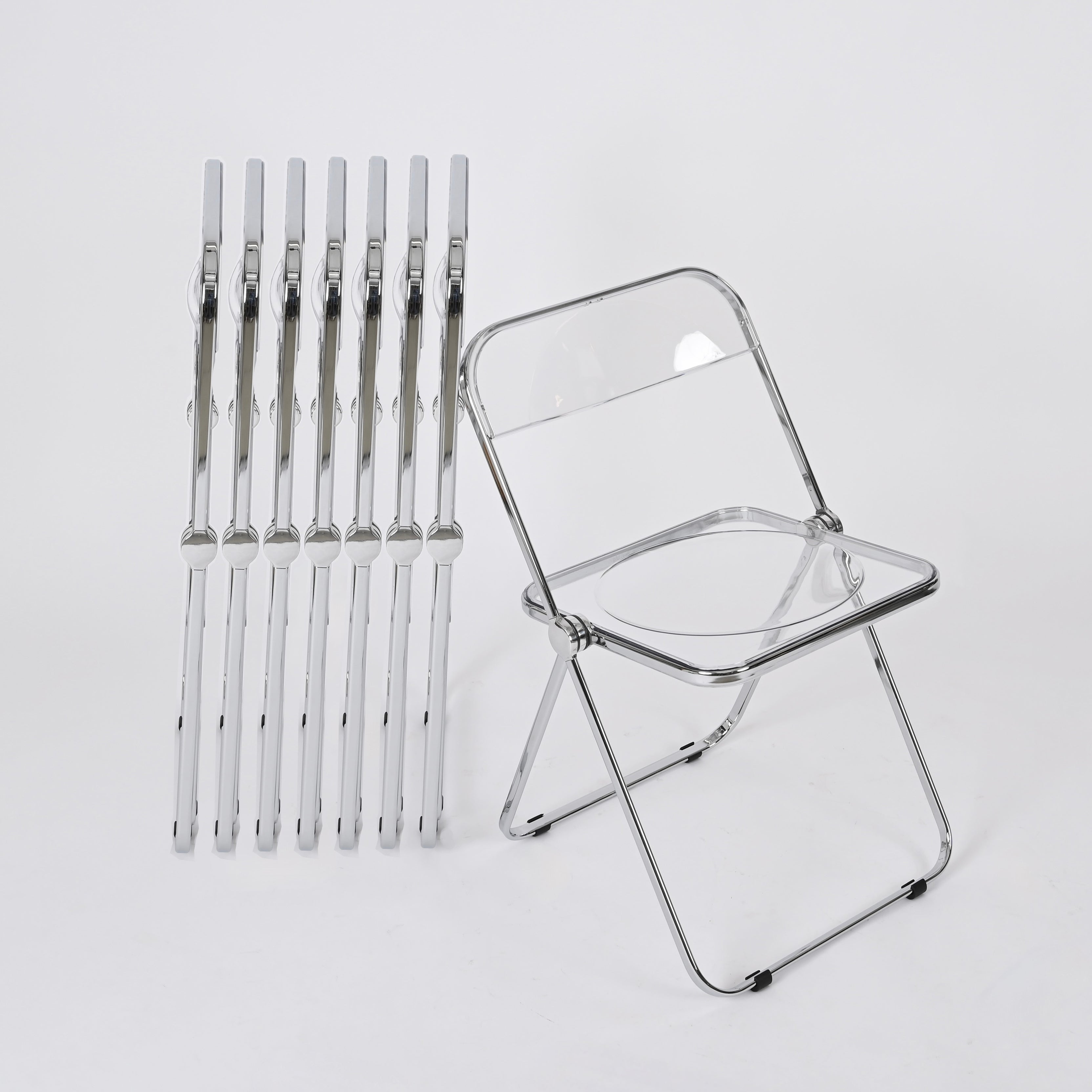 Set of 8 Clear Lucite Chrome Frame "Plia" Italian Chairs for Castelli, 1970s For Sale