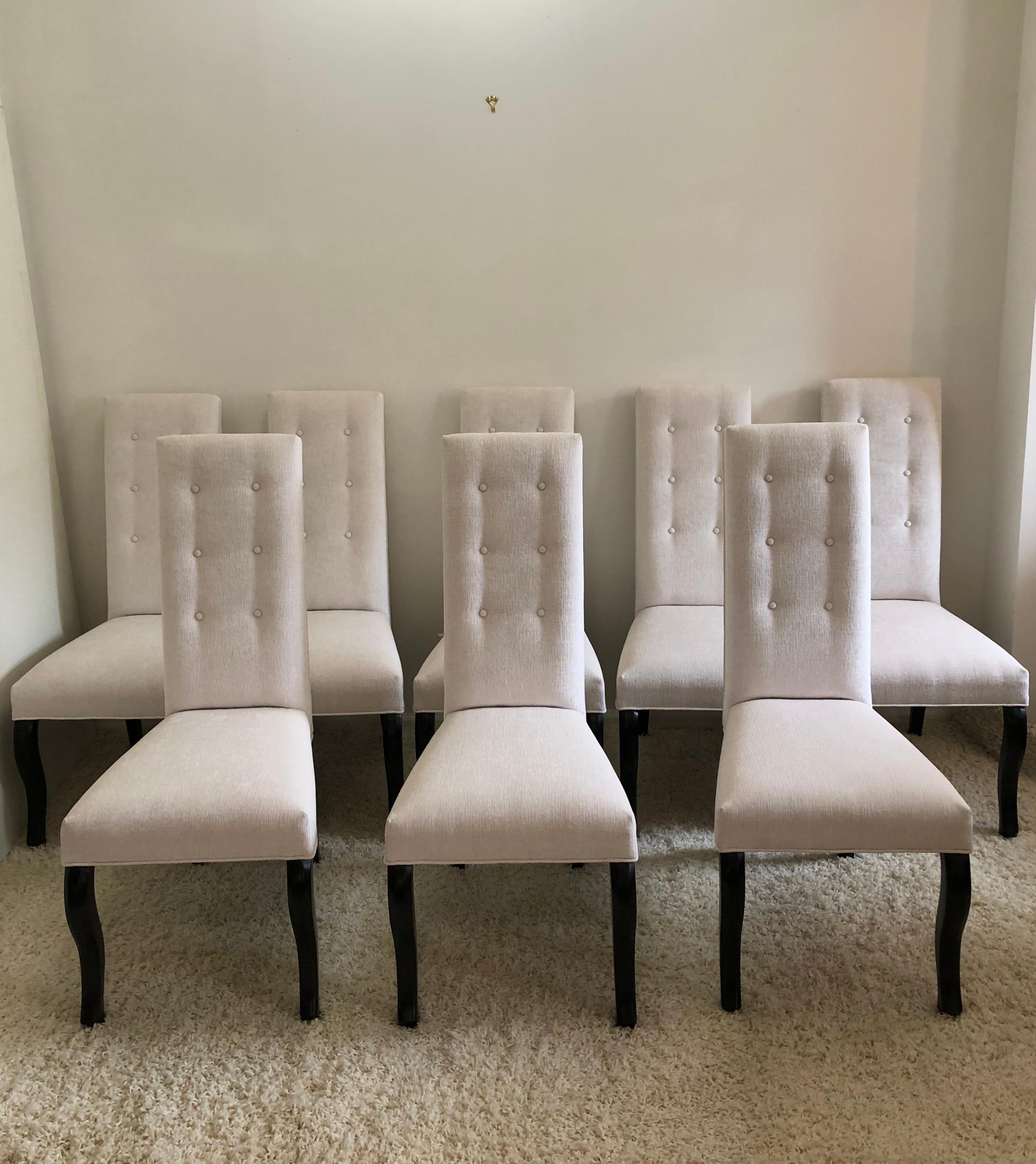 Set of 8 Cleopatra black curved leg high back slim dining chairs, off-white fabric. Comfortable and supportive. Purchased with a Pucci di rossi table.