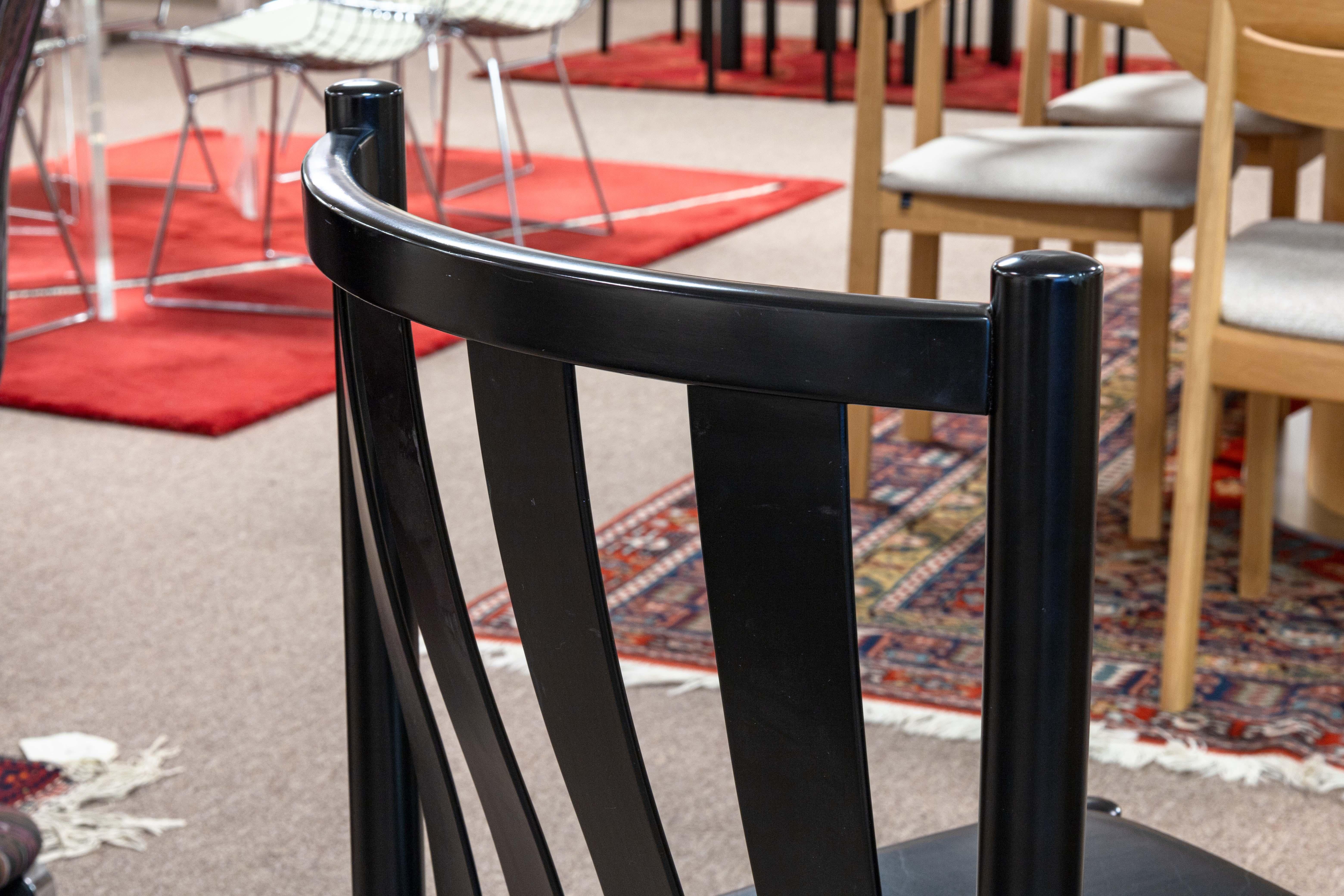 Leather Set of 8 Collaudo for Stendig Black Lacquered Slat Dining Chairs Made in Italy For Sale