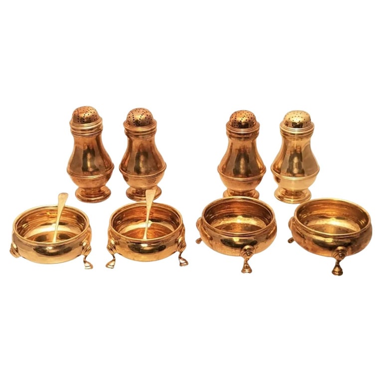 Set of 8 Comyns 1927 Gilt English Sterling Silver Shakers and Condiment Dishes For Sale