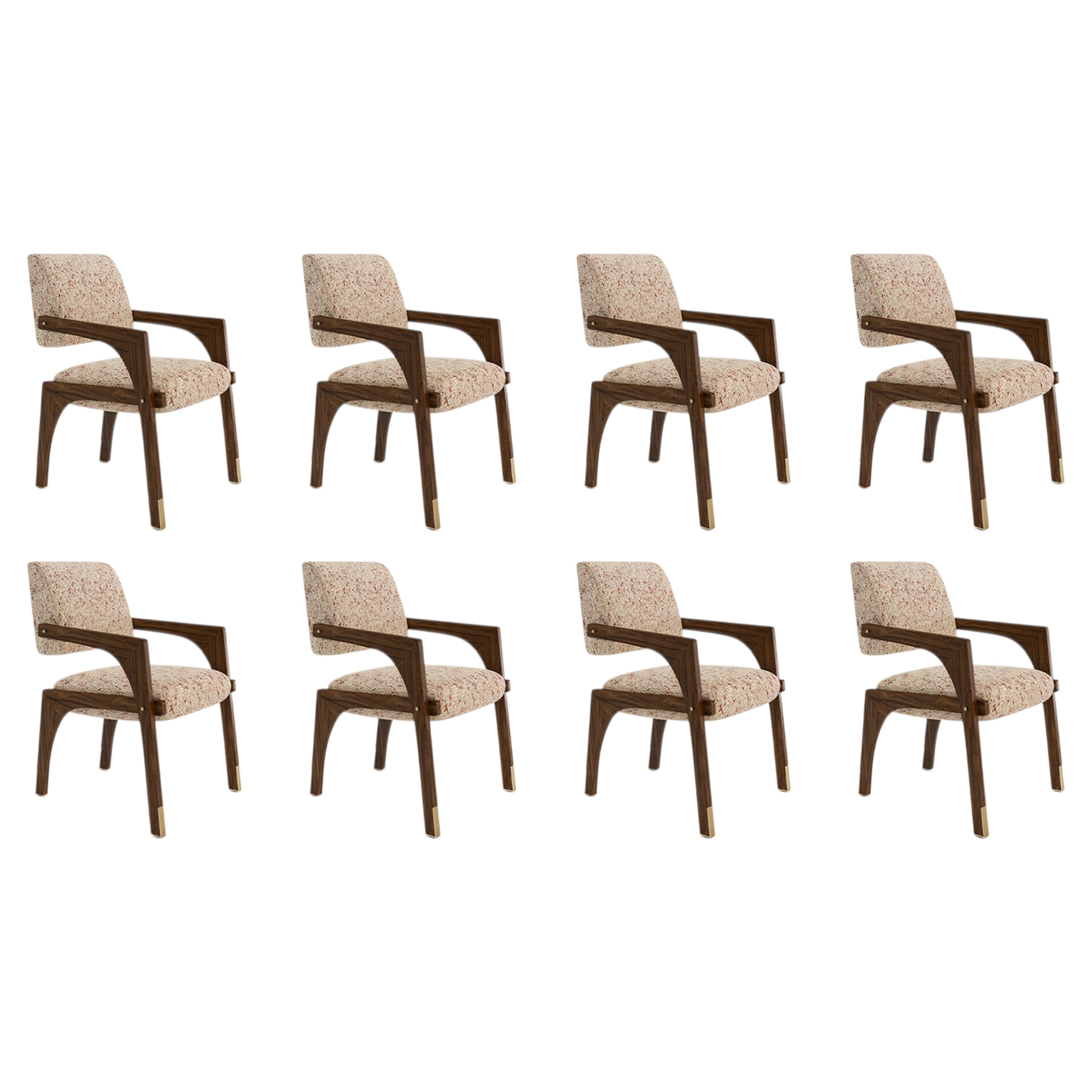 Set aus 8 zeitgenössischen esstischstühlen aus walnuss chenille messing Arches von InsidherLand