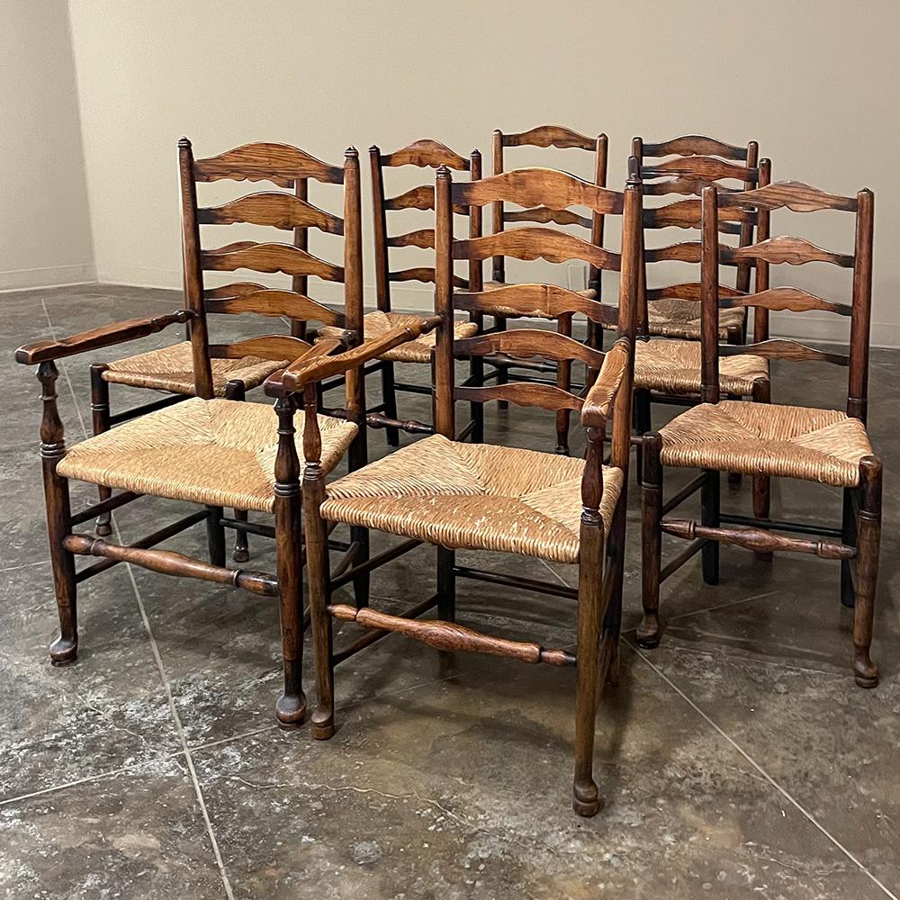 Hand-Crafted Set of 8 Country French Dining Chairs with Rush Seats Includes 2 Armchairs