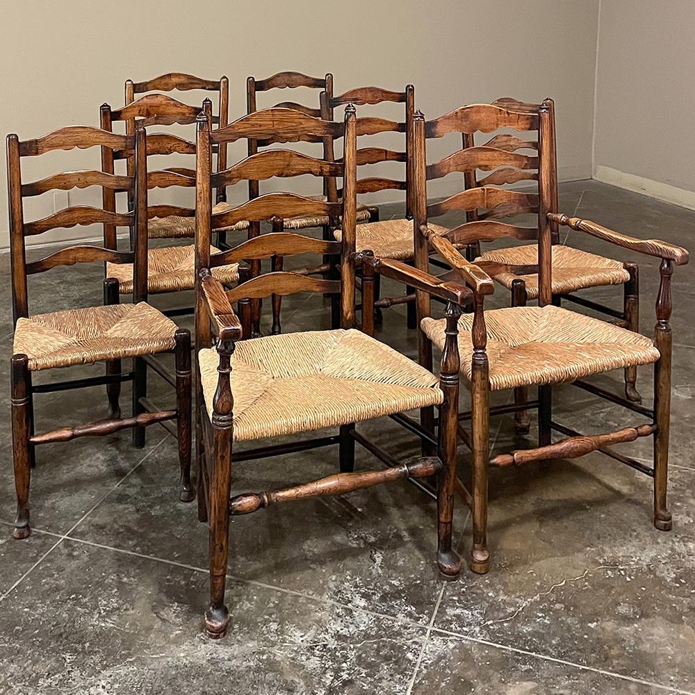Set of 8 Country French Dining Chairs with Rush Seats Includes 2 Armchairs In Good Condition In Dallas, TX