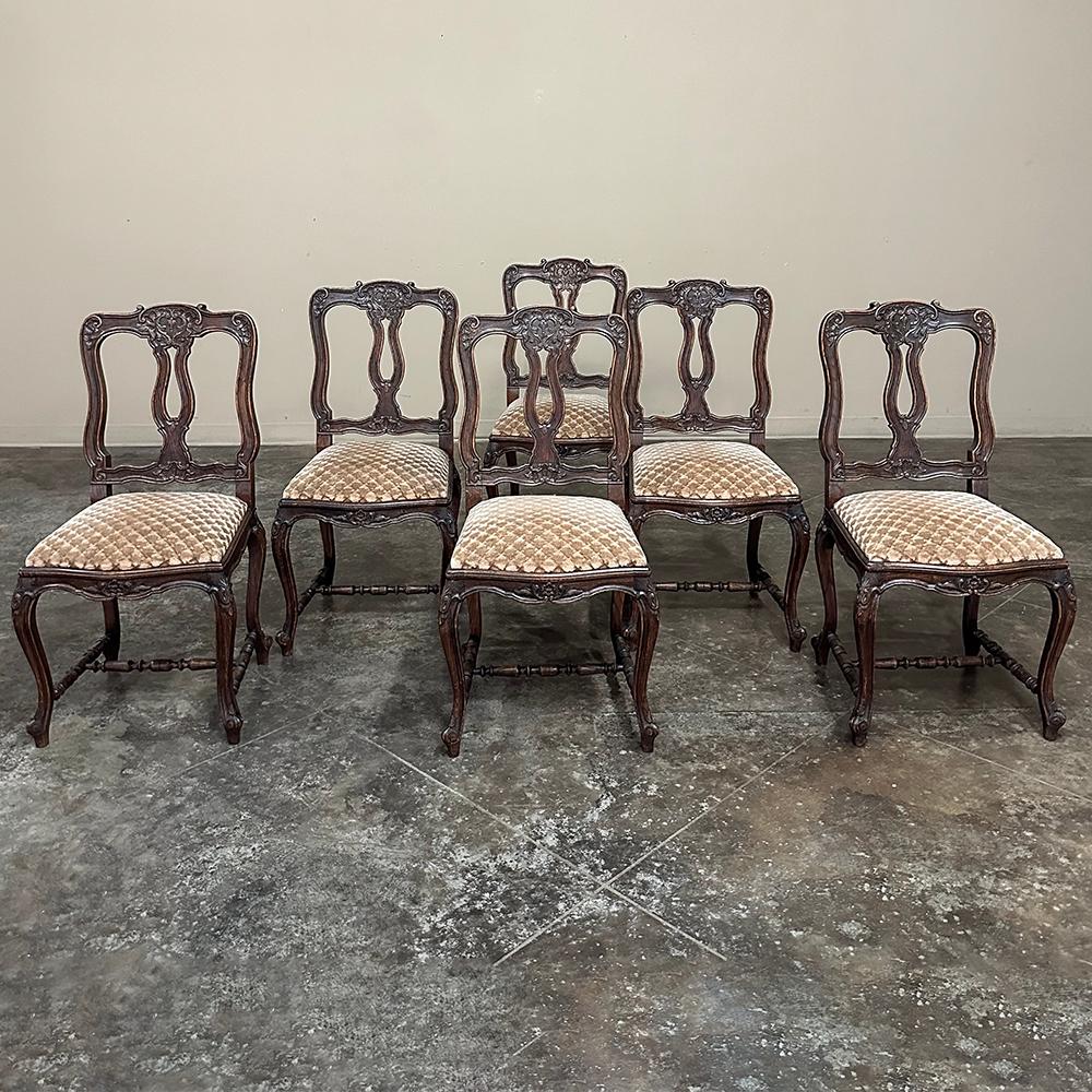 Hand-Carved Set of 8 Country French Upholstered Dining Chairs includes 2 Armchairs For Sale