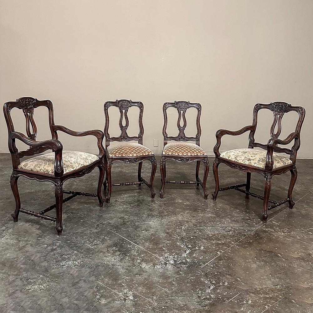 Tissu Ensemble de 8 chaises de salle à manger françaises tapissées comprenant 2 fauteuils en vente
