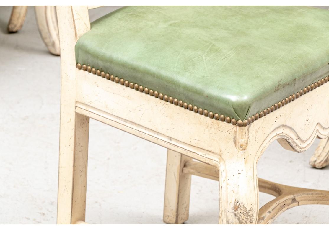 Set of 8 Cream Paint Decorated Fruitwood Dining Chairs with Green Faux Leather For Sale 5