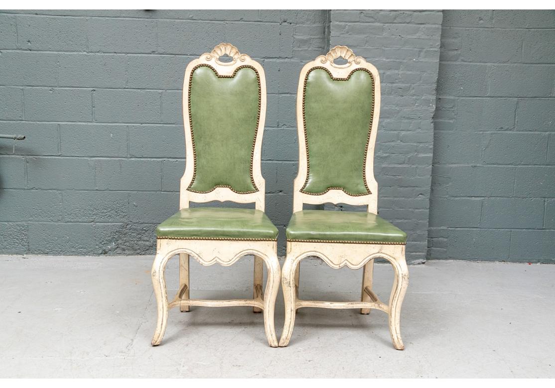 Set of 8 Cream Paint Decorated Fruitwood Dining Chairs with Green Faux Leather For Sale 7