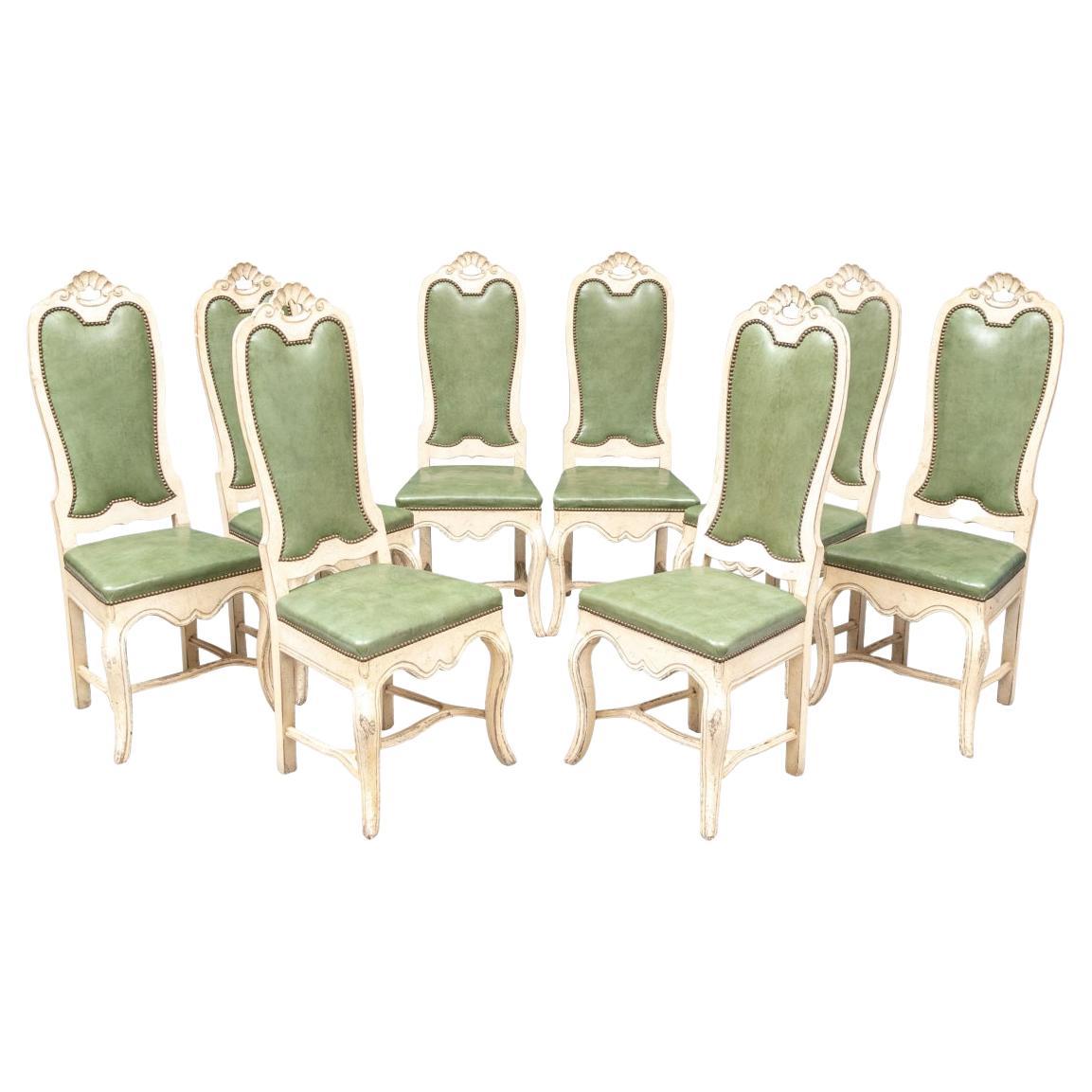 Set of 8 Cream Paint Decorated Fruitwood Dining Chairs with Green Faux Leather For Sale