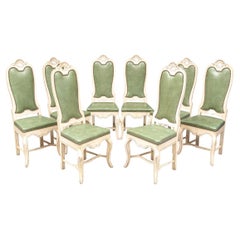 Set of 8 Cream Paint Decorated Fruitwood Dining Chairs with Green Faux Leather