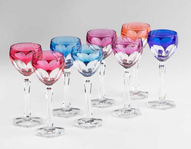 Set of 8 Crystal Colored Wine Glasses Made by Val Saint Lambert For Sale 4