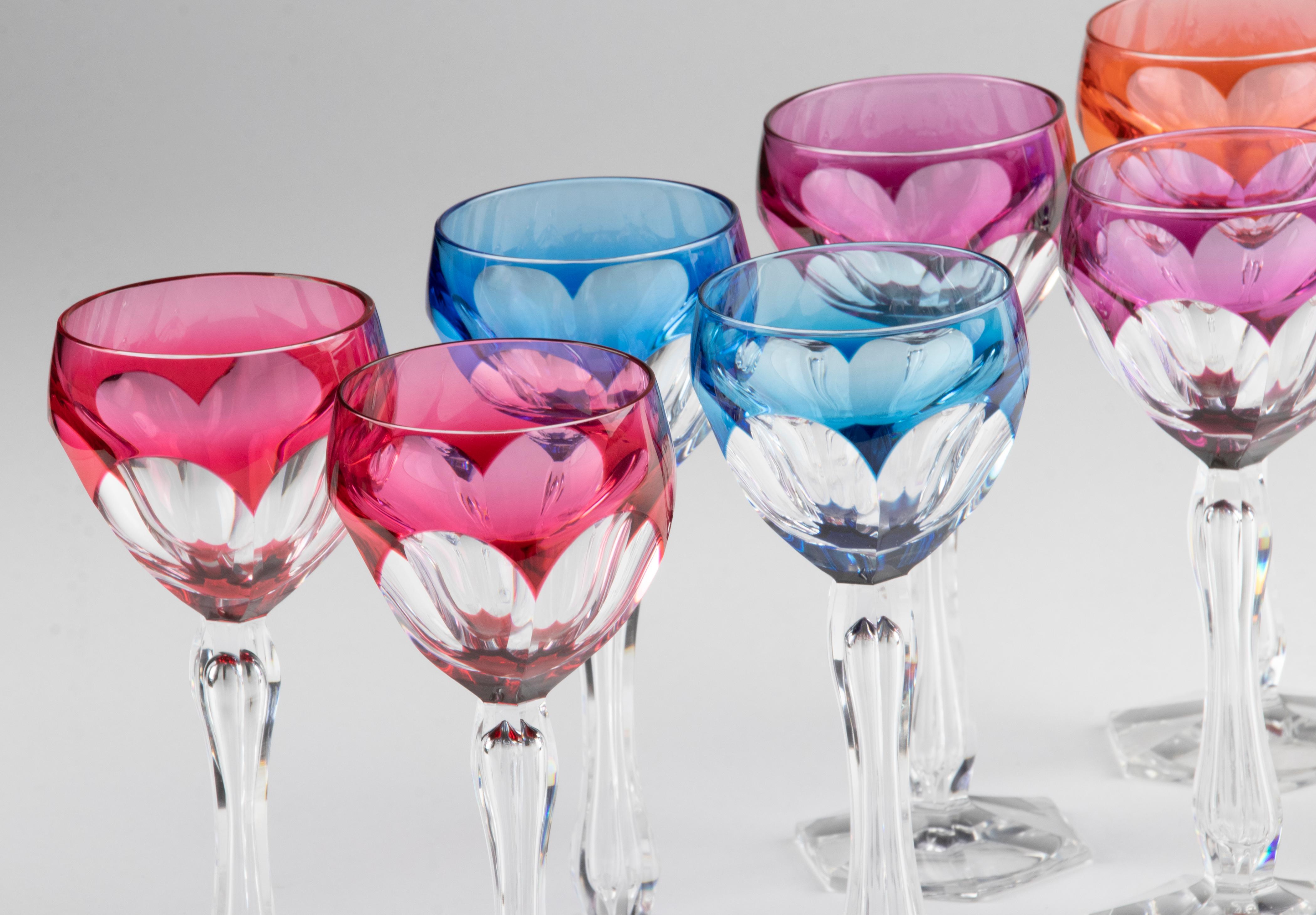 Set of 8 Crystal Colored Wine Glasses Made by Val Saint Lambert For Sale 3