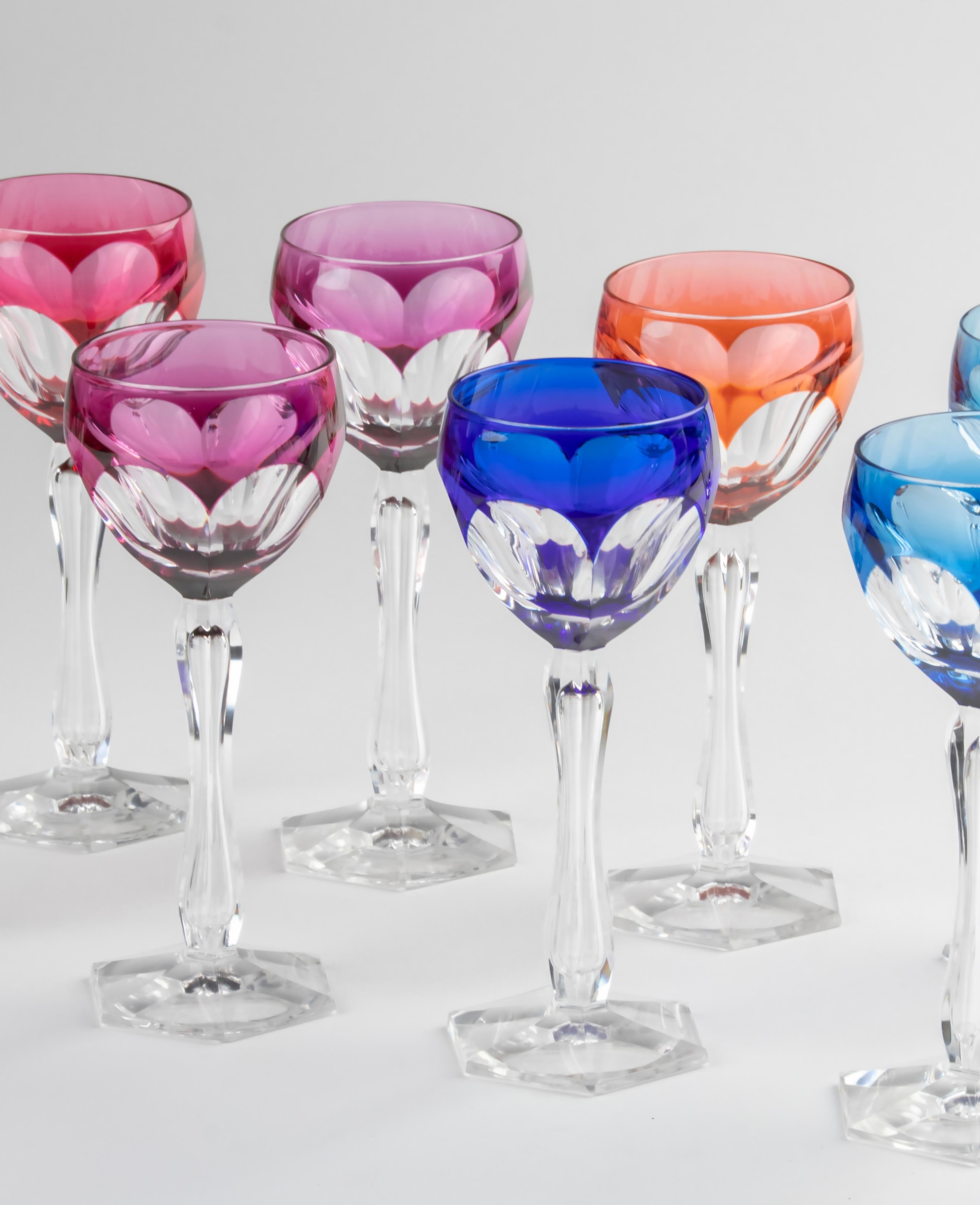Set of 8 Crystal Colored Wine Glasses Made by Val Saint Lambert For Sale 5