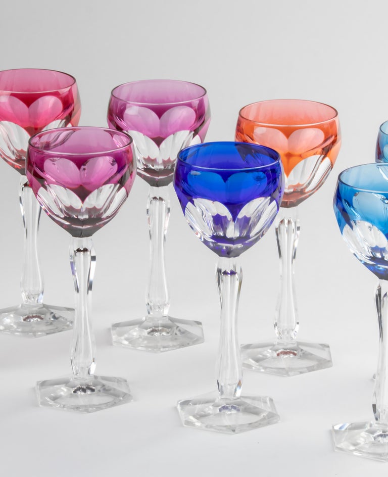 Set of 8 Crystal Colored Wine Glasses Made by Val Saint Lambert For Sale 8