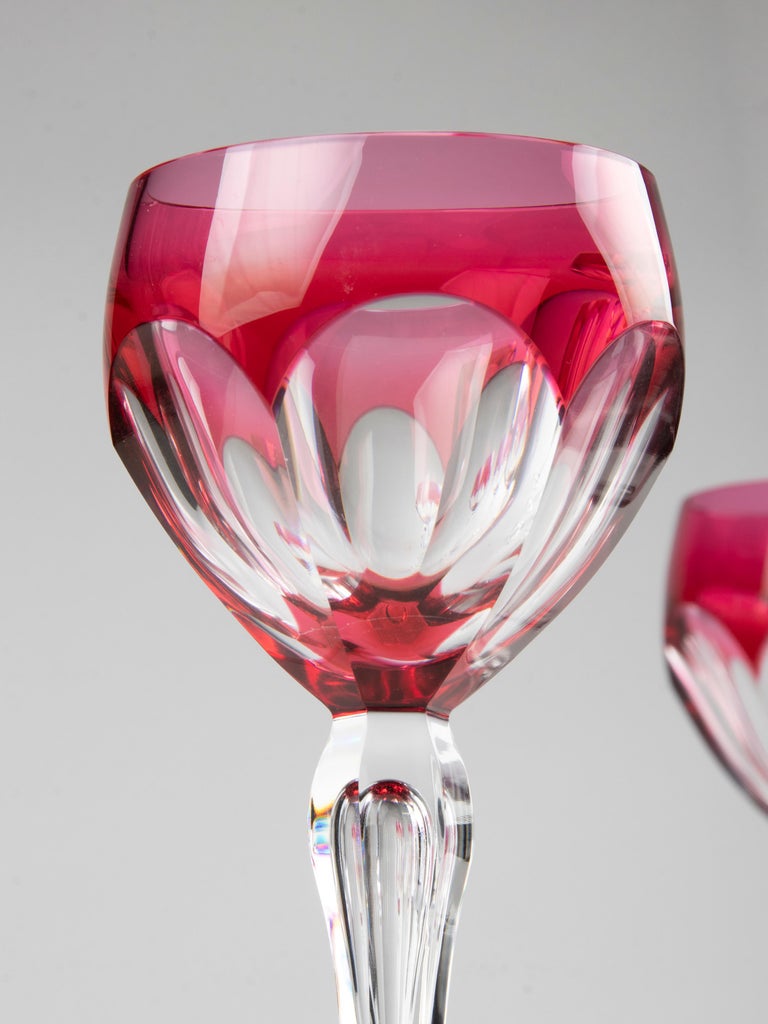 Hand-Crafted Set of 8 Crystal Colored Wine Glasses Made by Val Saint Lambert For Sale