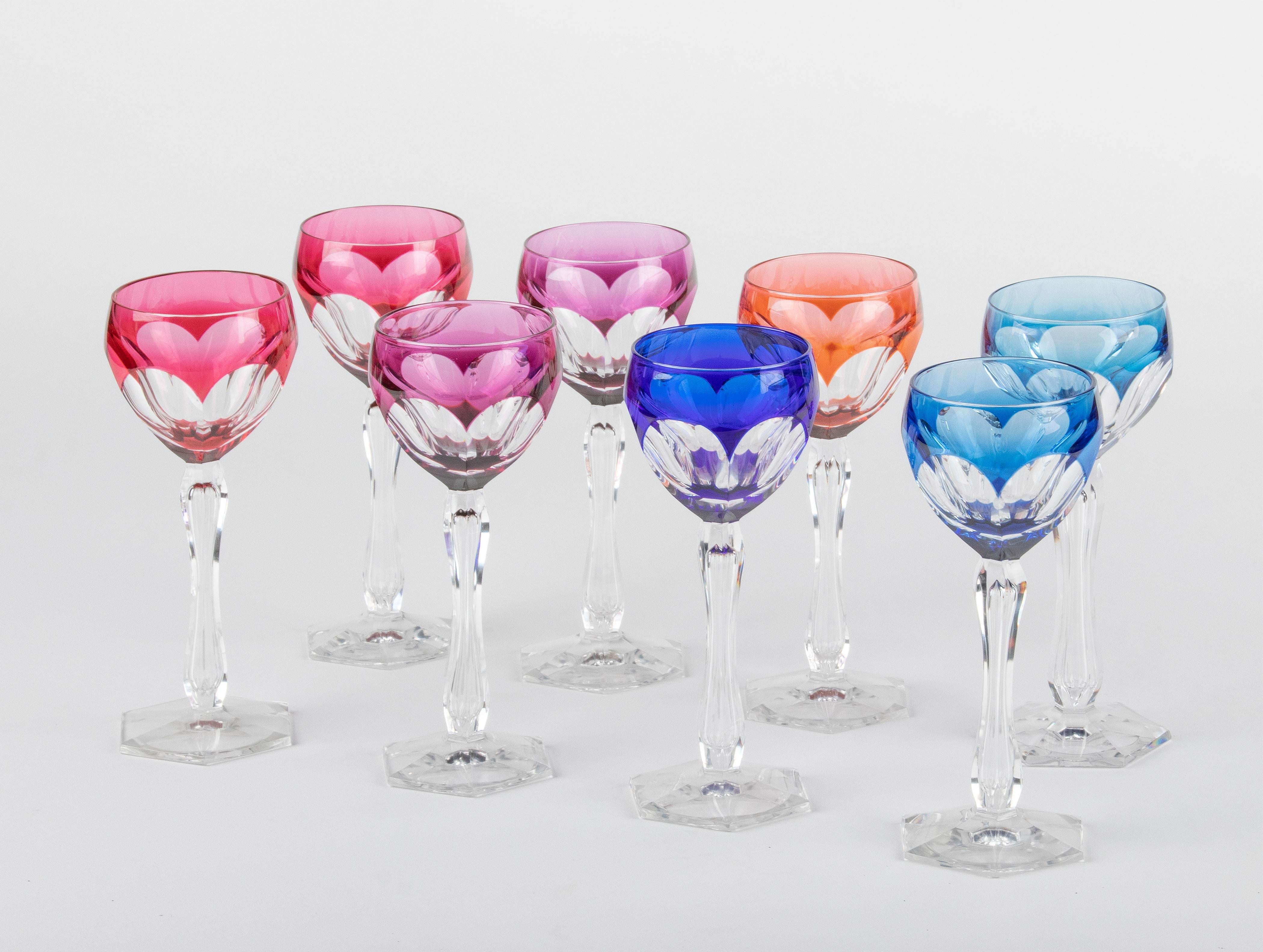 Mid-Century Modern Set of 8 Crystal Colored Wine Glasses Made by Val Saint Lambert For Sale