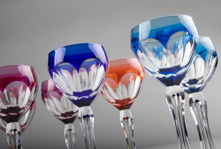 Mid-20th Century Set of 8 Crystal Colored Wine Glasses Made by Val Saint Lambert For Sale