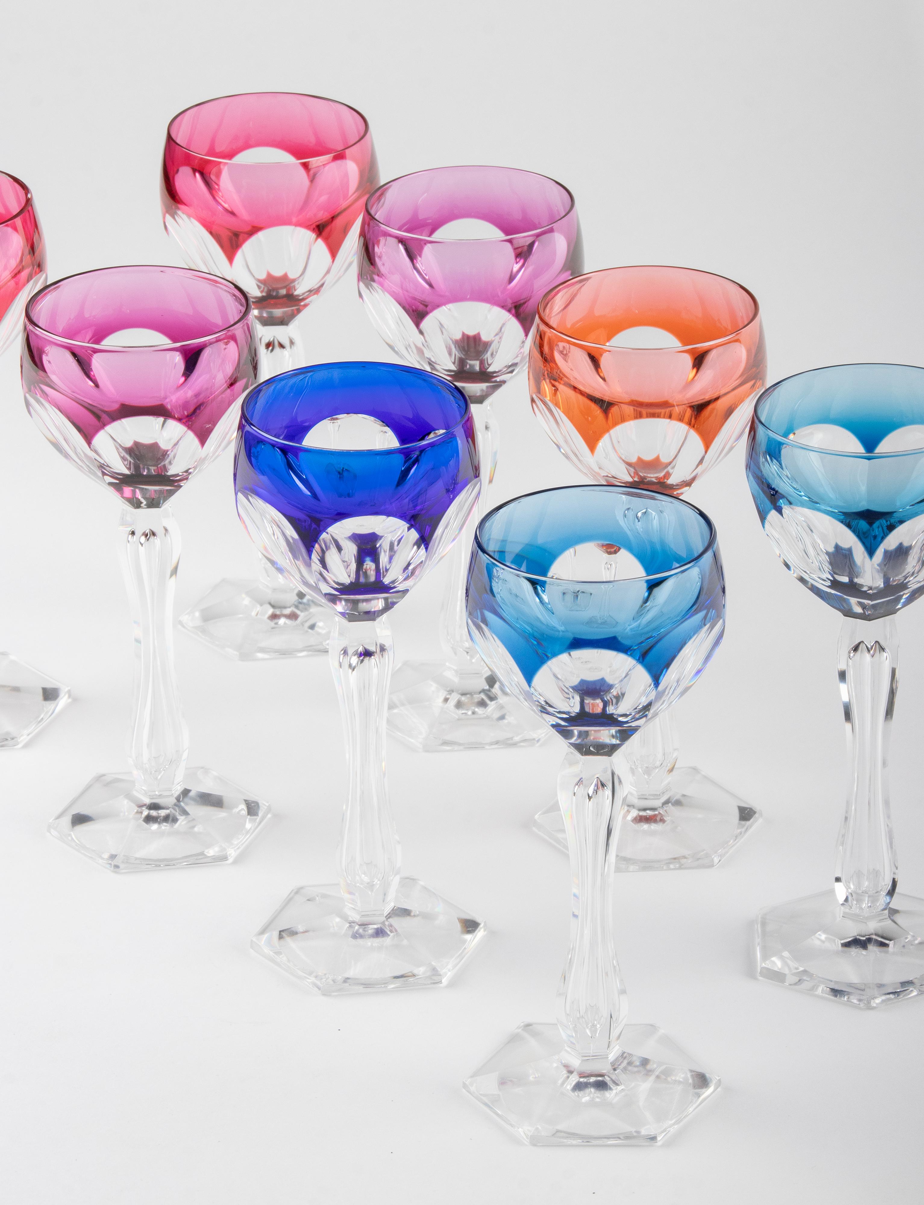 Hand-Crafted Set of 8 Crystal Colored Wine Glasses Made by Val Saint Lambert For Sale