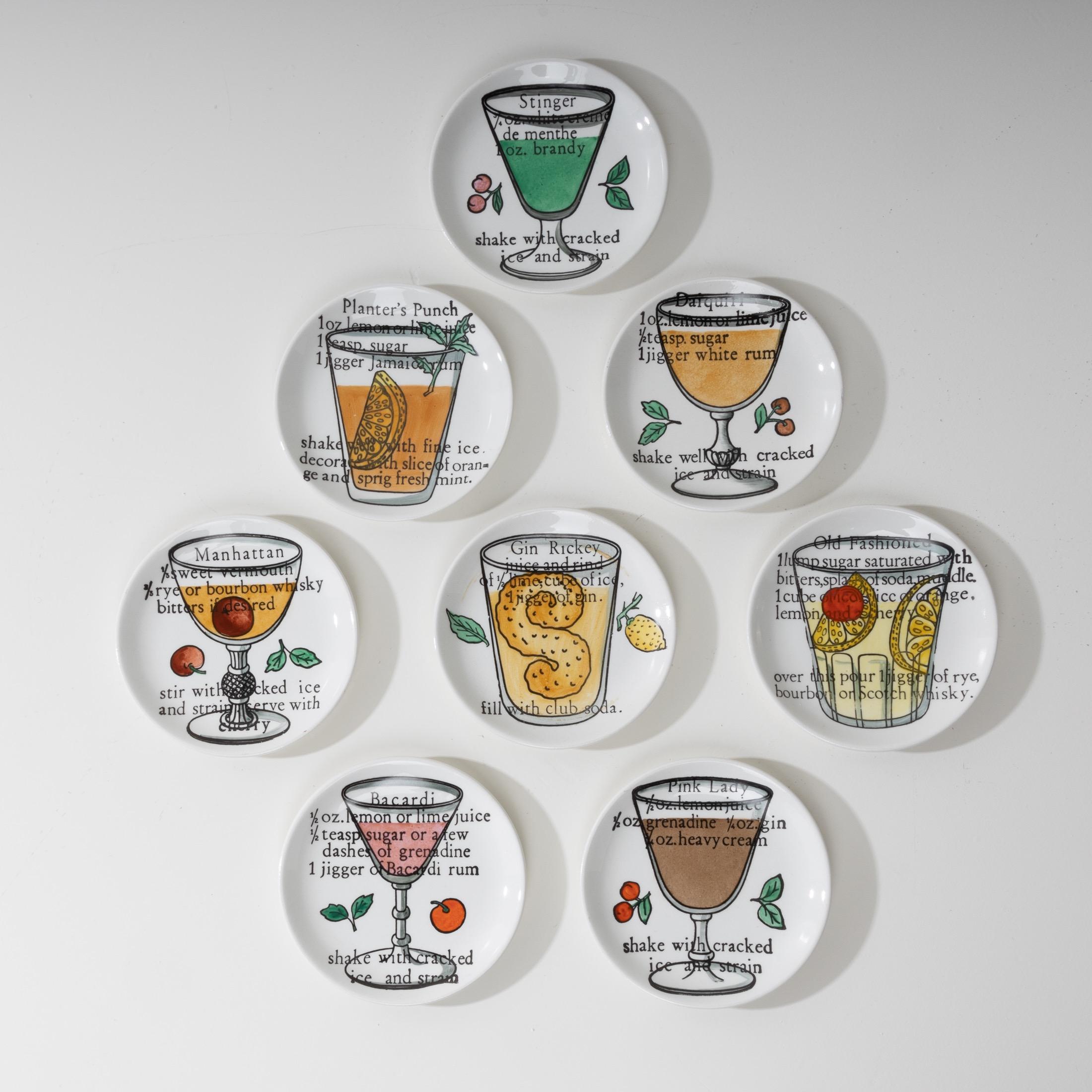 Mid-Century Modern Set of 8 Cups or Coasters “Cocktails” by Piero Fornasetti, Fornasetti Milano For Sale