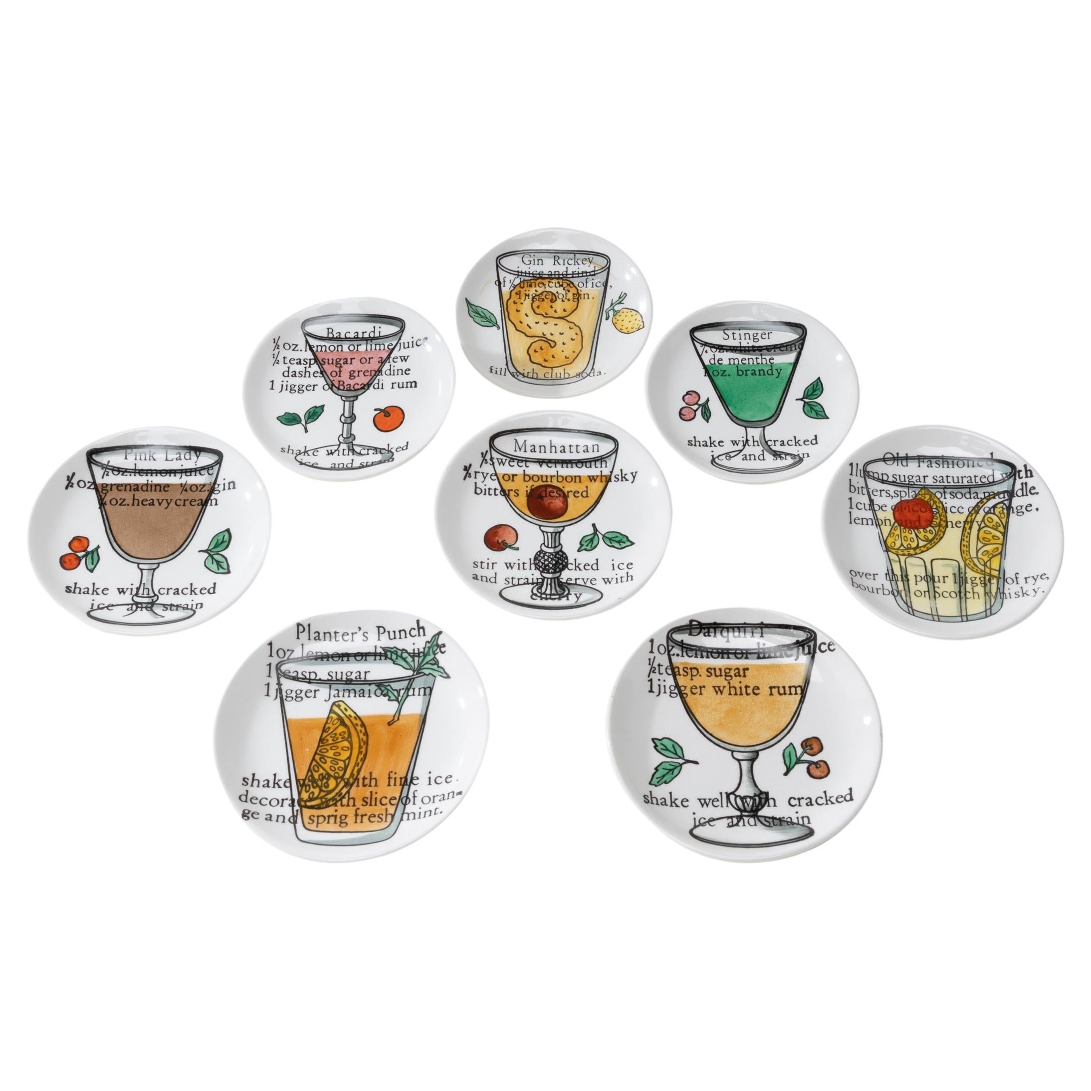 Set of 8 Cups or Coasters “Cocktails” by Piero Fornasetti, Fornasetti Milano For Sale