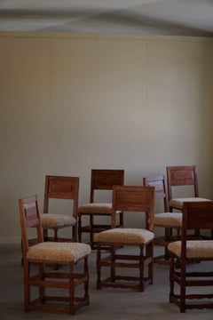Set of 8 Danish Folk Art Dining Chairs in Oak & Lambswool, Early 20th Century