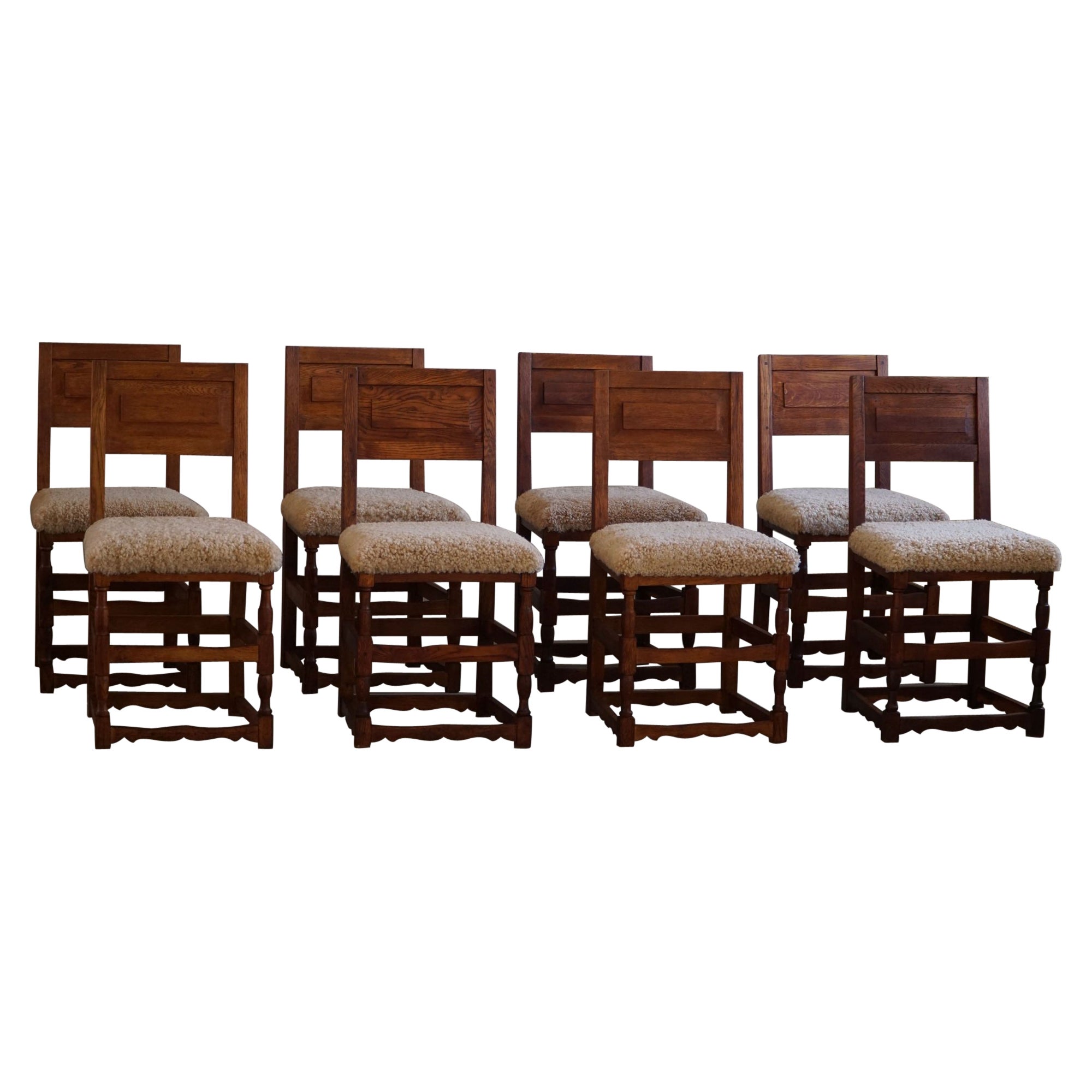 Set of 8 Danish Folk Art Dining Chairs in Oak & Lambswool, Early 20th Century