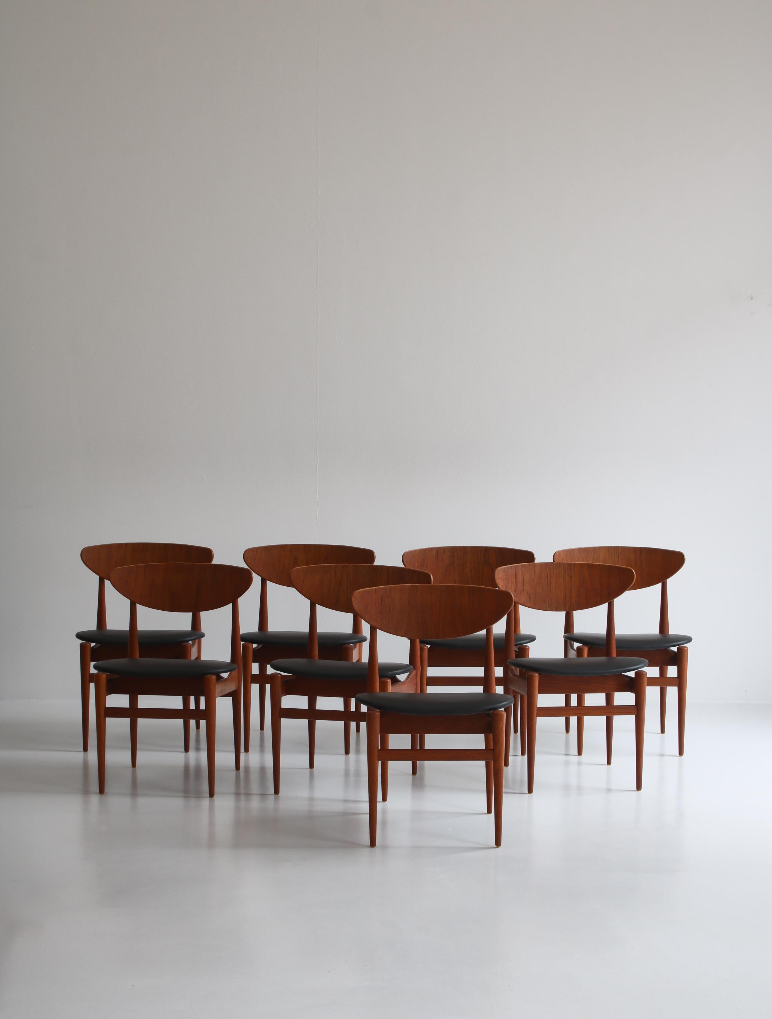 Rare and beautiful dining chairs made in 1963 for Sorø Stolefabrik, Denmark by Italian/Danish designer couple Inge & Luciano Rubino. The chairs features stunning details in teakwood and newly upholstered seats in black aniline leather.