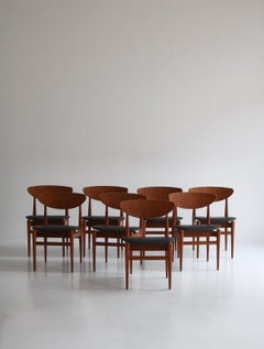 Set di 8 sedie da pranzo moderne danesi in teak e pelle nera di Inge Rubino, 1963