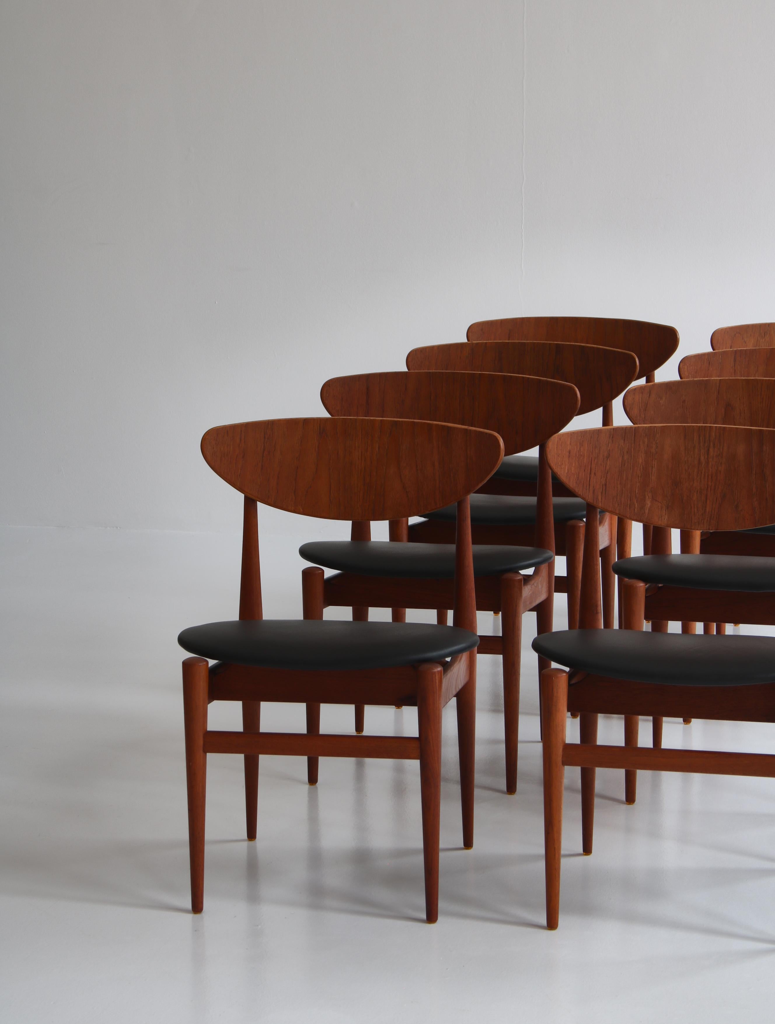 Set of 8 Danish Modern Dining Chairs Teak and Black Leather by Inge Rubino, 1963 4