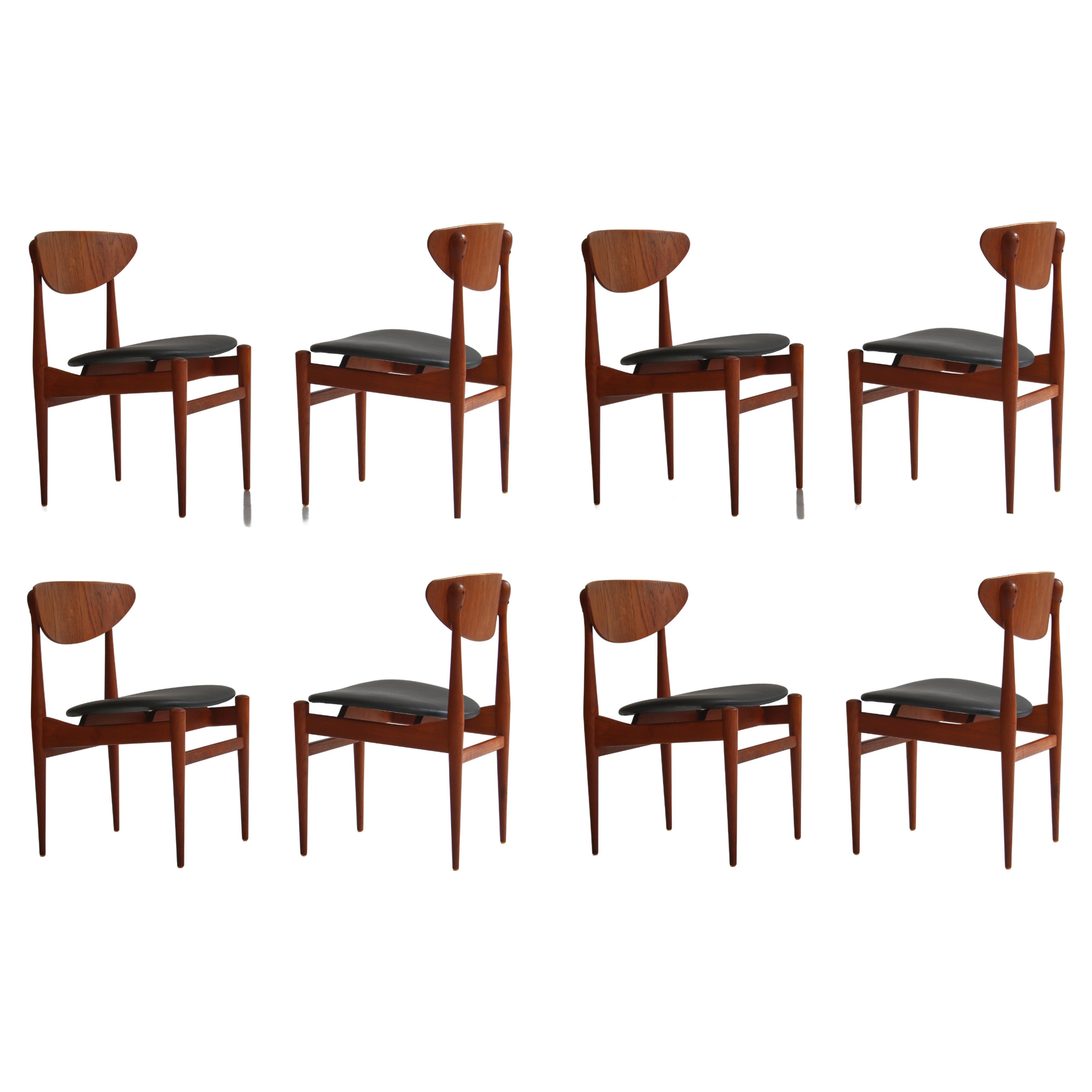 Set of 8 Danish Modern Dining Chairs Teak and Black Leather by Inge Rubino, 1963