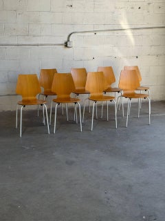 Set of 8 Danish Modern Stacking Bentwood Dining Chairs White Metal MCM Chairs