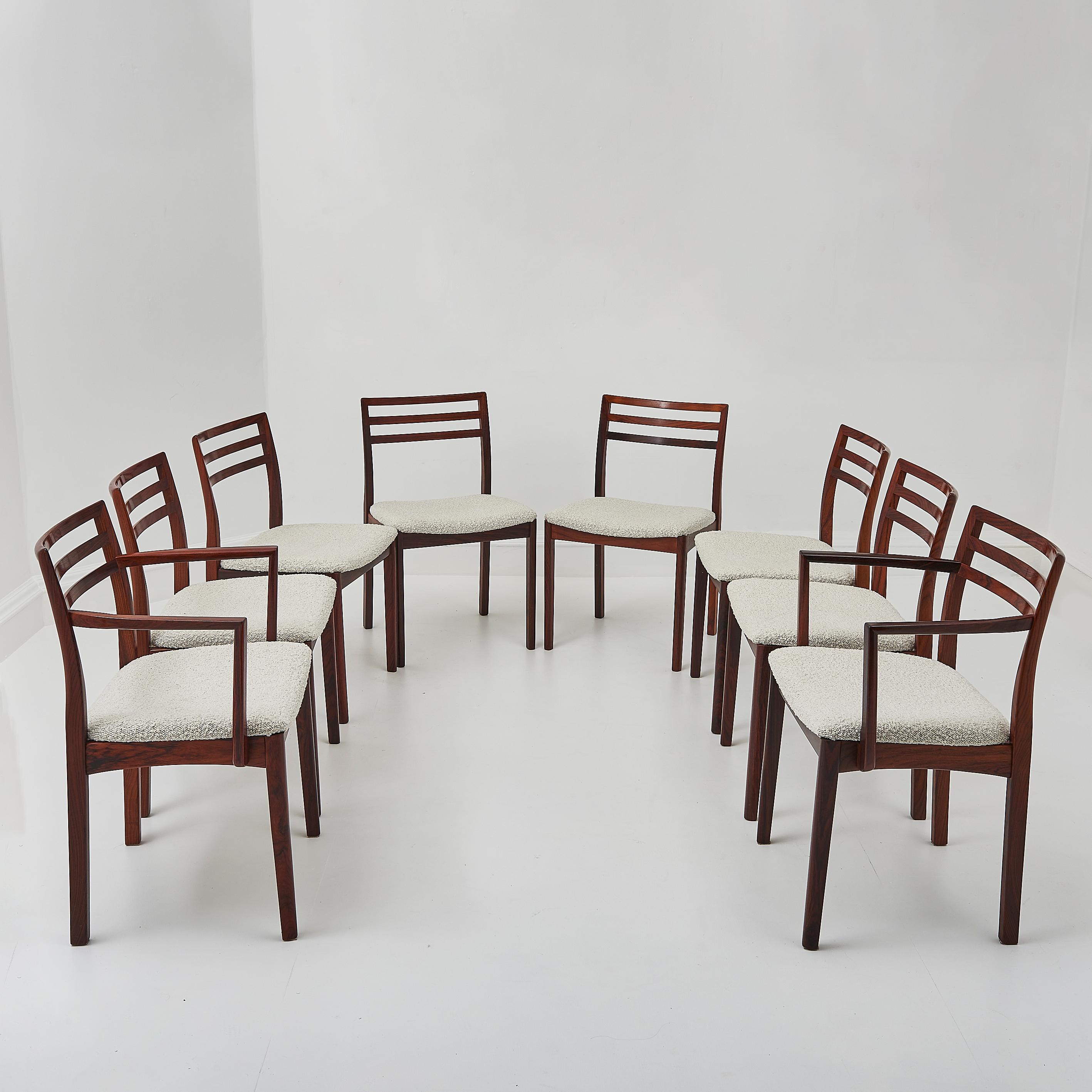 Mid-Century Modern Set of 8 Danish Rosewood Dining Chairs Recently Upholstered In Boucle