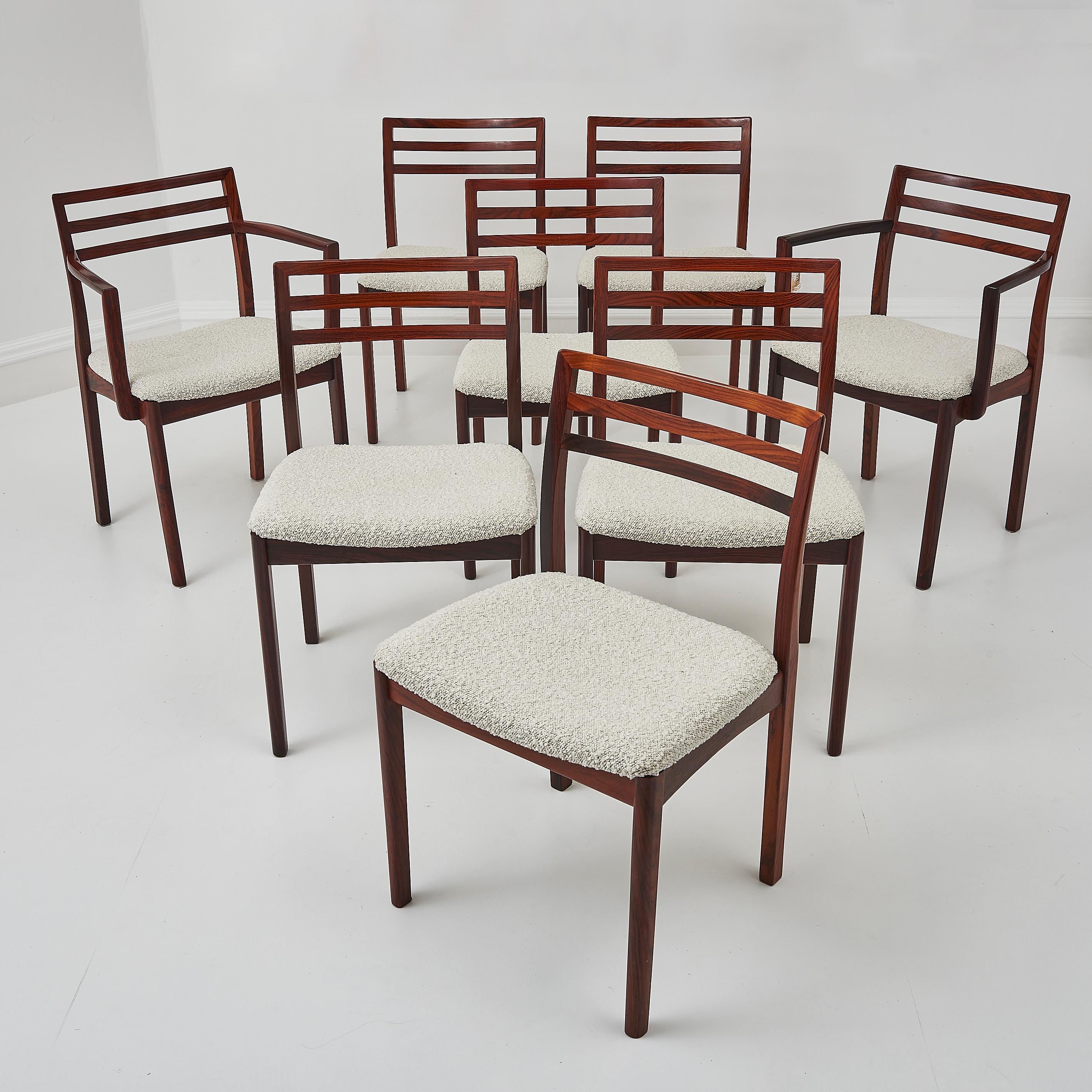 Set of 8 Danish Rosewood Dining Chairs Recently Upholstered In Boucle In Good Condition In London, GB