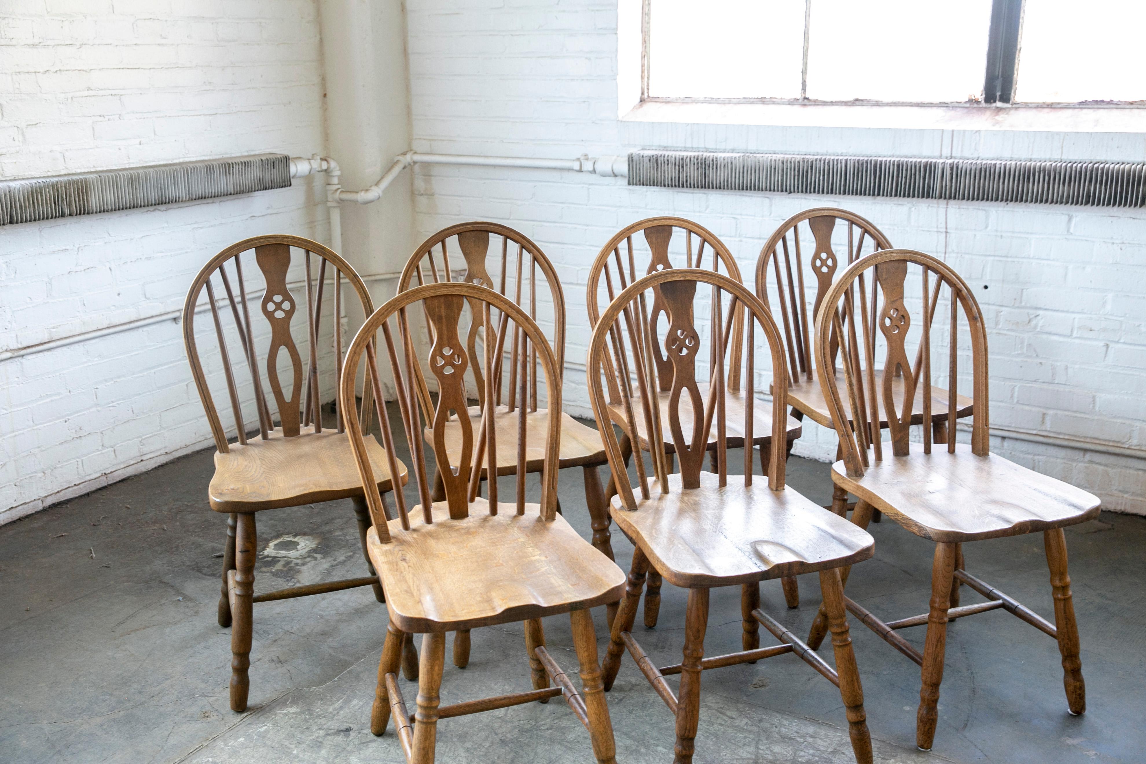 Country Set of 8 Danish Windsor Style Dining Chairs, Early to Mid-1900s in Stained Oak For Sale