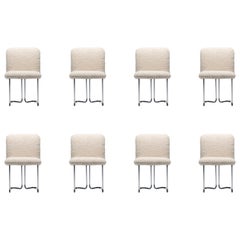 Set of 8 Design Institute of America Chrome Dining Chairs in Ivory White Bouclé