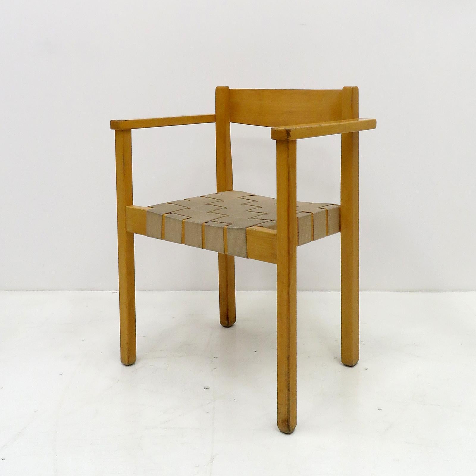 Wonderful set of eight 1970s dining chairs by Axel Larsson for Balzar Beskow, with arms, in birch with straps of hemp, stackable, very comfortable.