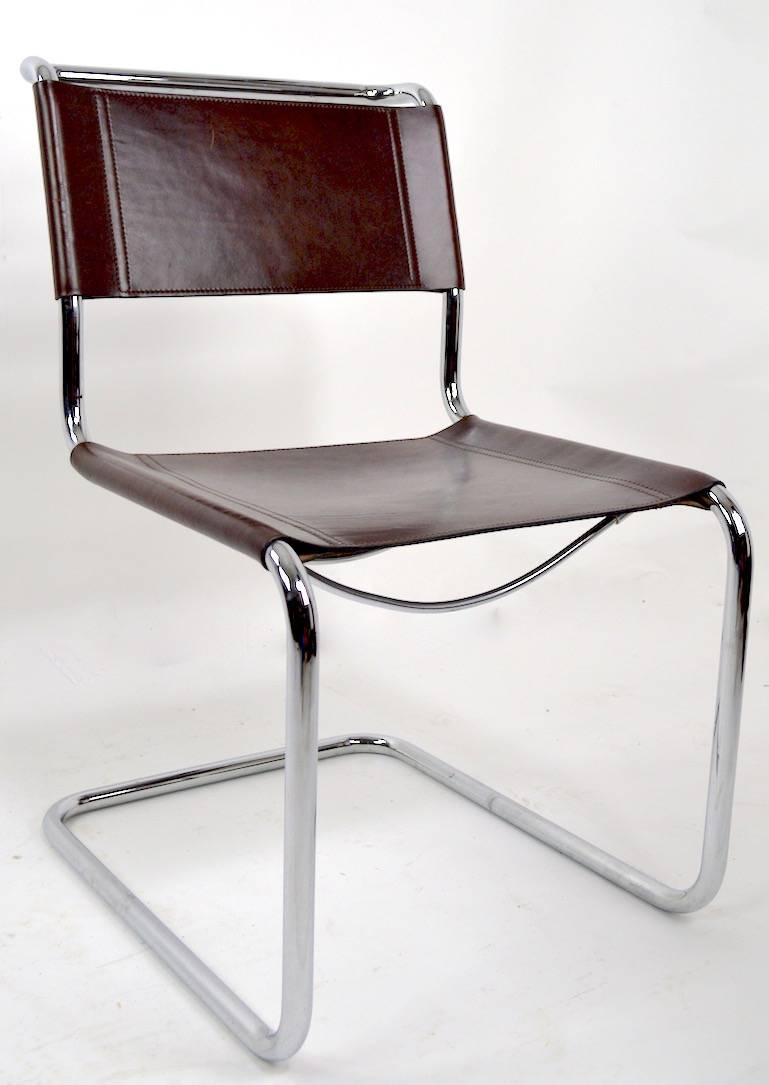 Great seat of Vintage Breuer design chairs with tubular chrome frames, and brown leather seats and backrests. Probably Italian manufacture form Knoll, unsigned. Hard to find a set of eight, stylish, clean, original set of dining chairs. Measures: