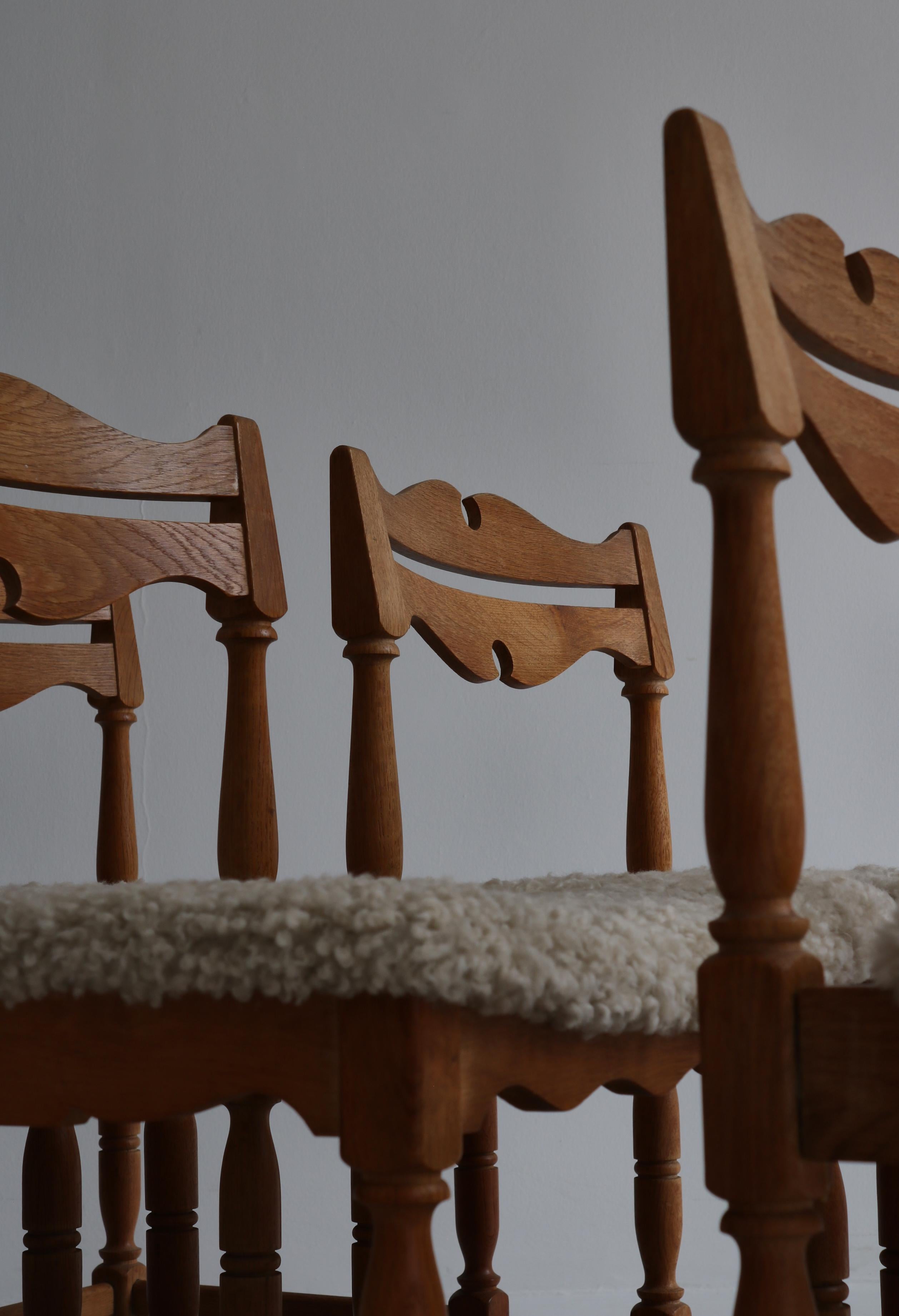 Set of 8 Dining Chairs by Henry Kjærnulf, Sheepskin & Oak, Denmark 5