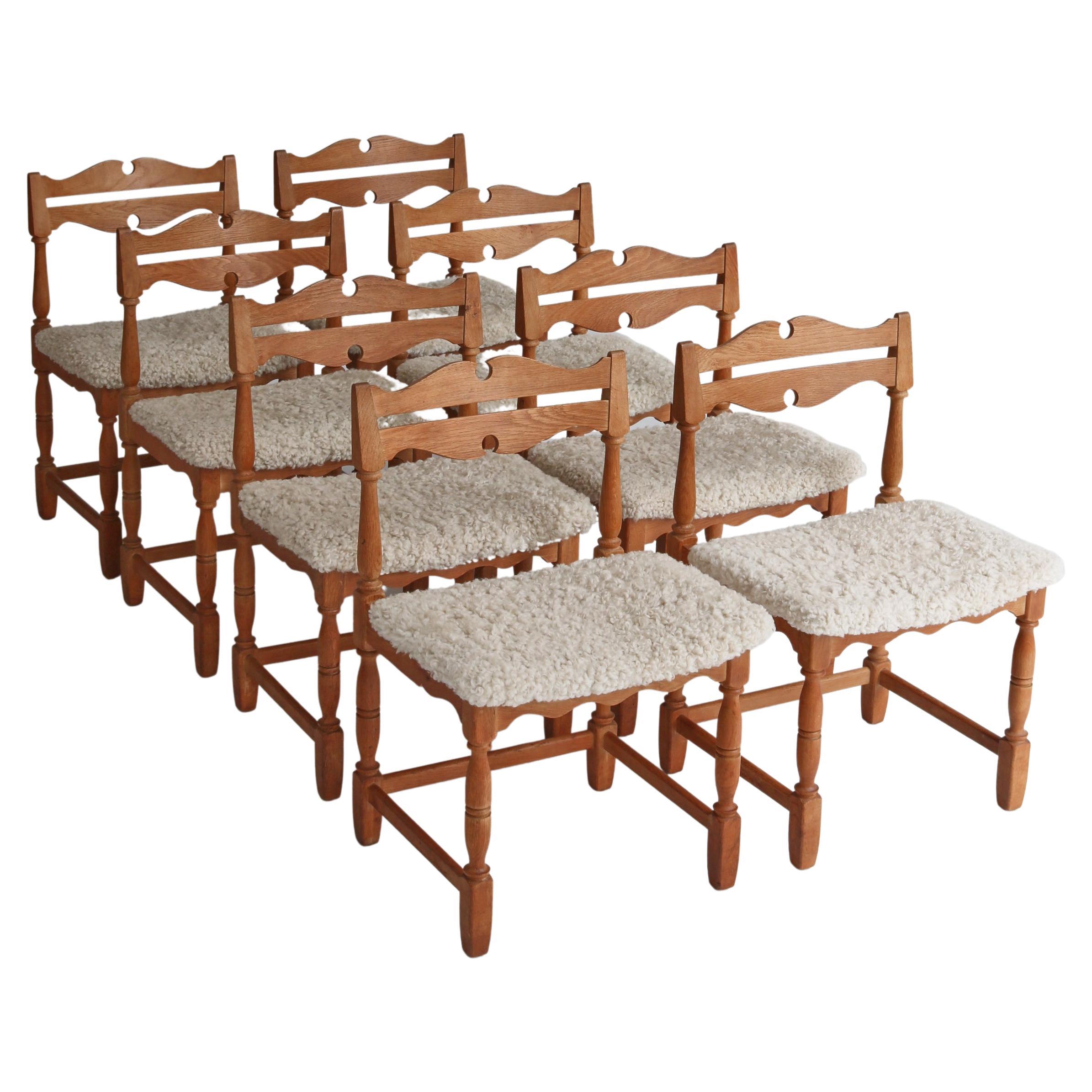 Set of 8 Dining Chairs by Henry Kjærnulf, Sheepskin & Oak, Denmark