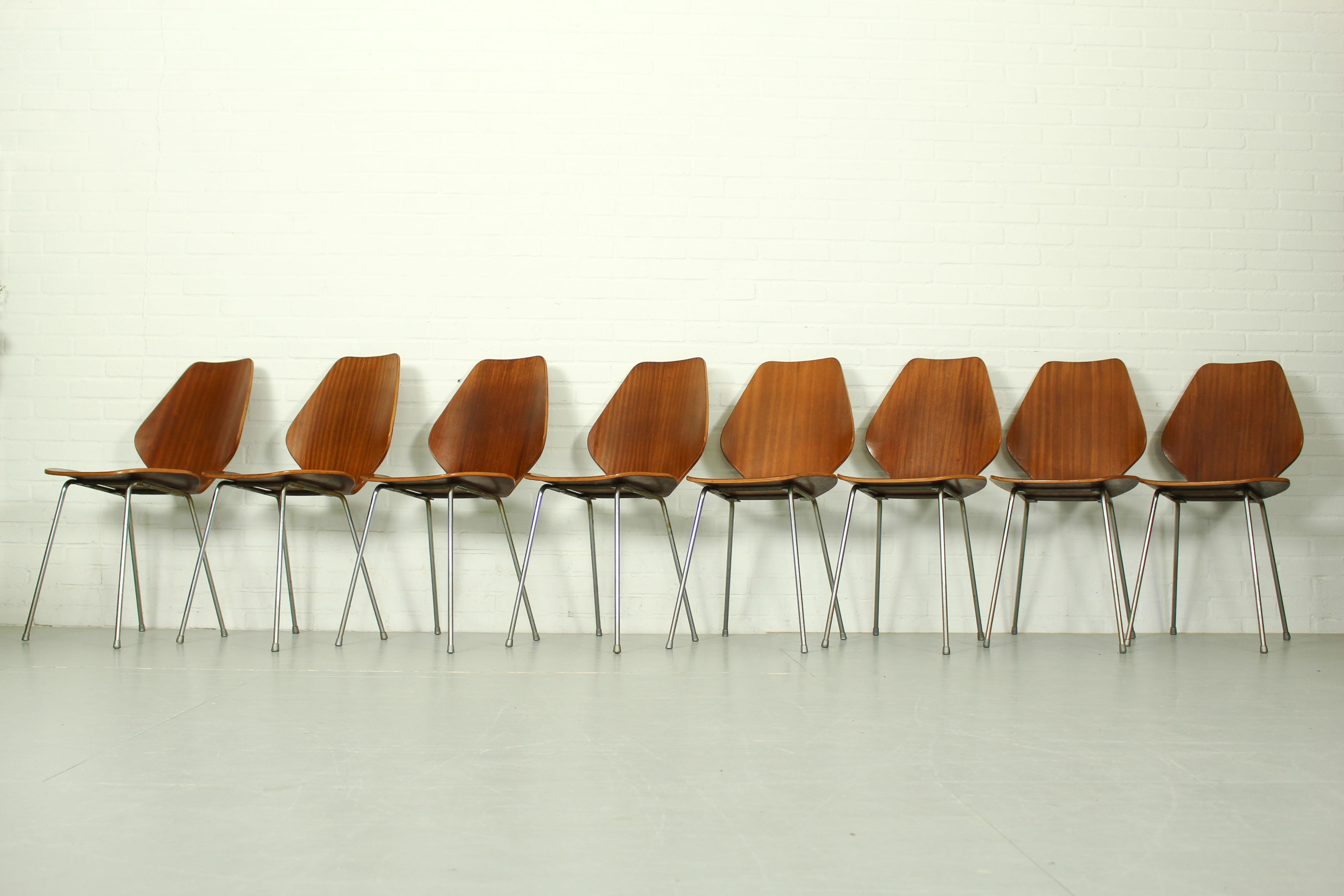 Set of 8 Dining Chairs by Herbert Hirche, Jofy Stalmobler, Denmark, 1950s In Fair Condition In Appeltern, Gelderland