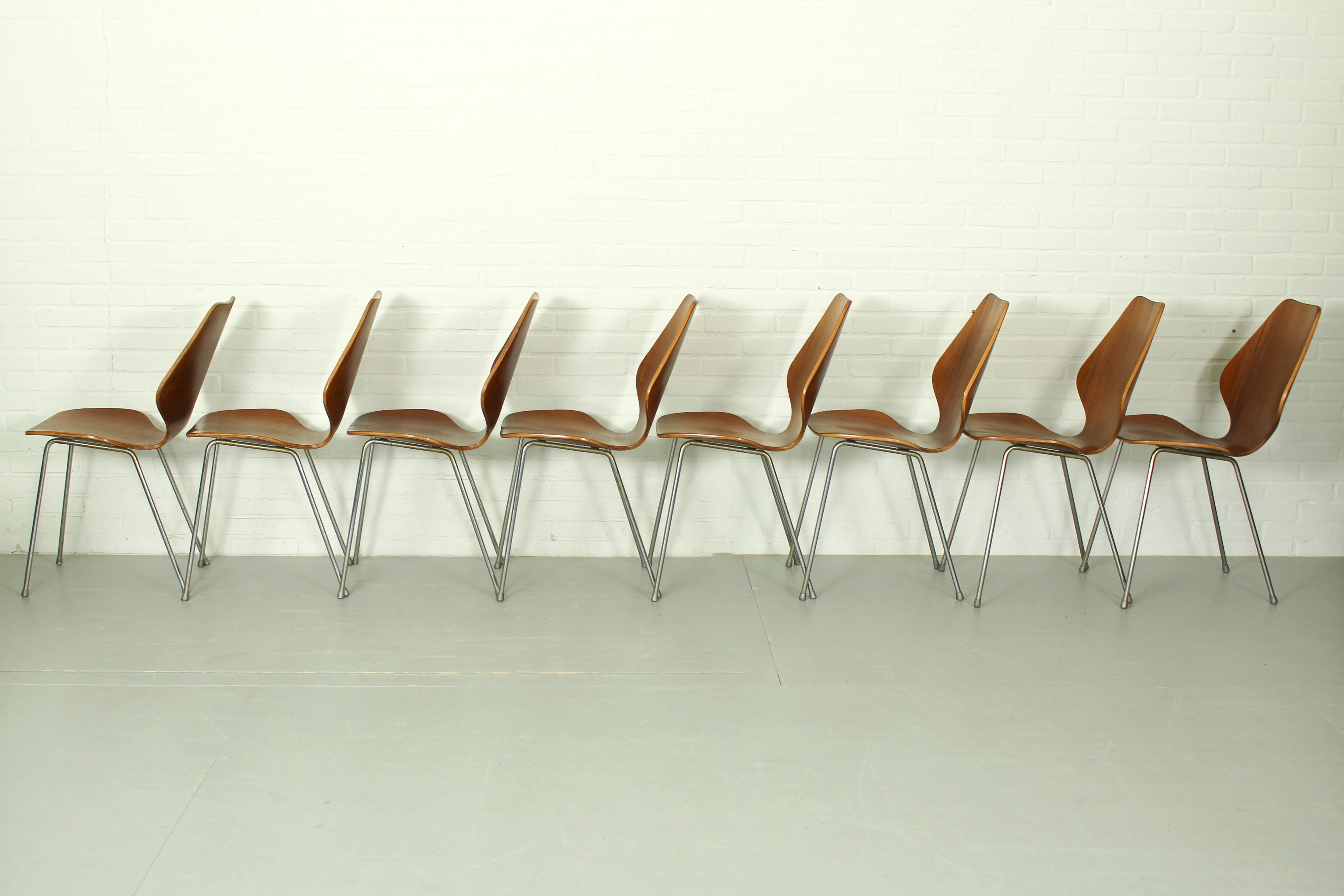 Teak Set of 8 Dining Chairs by Herbert Hirche, Jofy Stalmobler, Denmark, 1950s