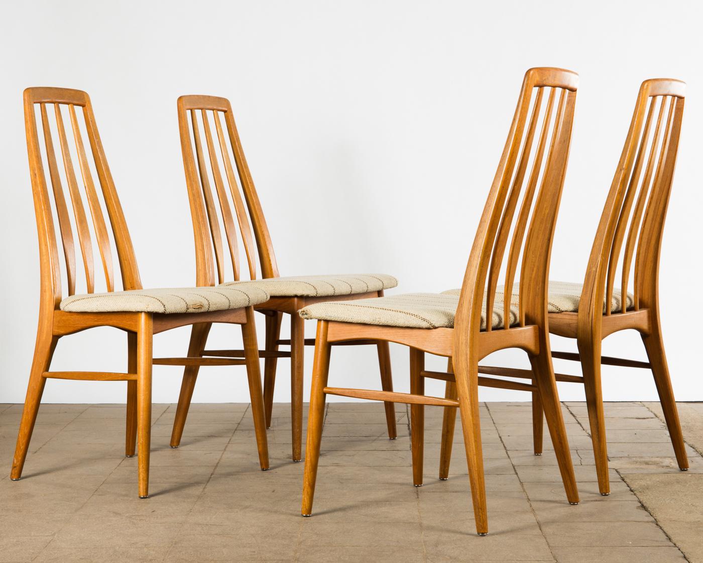 A set of 8 Eva dining chairs by Niels Koefoed for Koefoed's Hornslet, high backed with legs having side stretchers, four chair seats covered in green wool, four covered in beige wool with narrow stripe, manufacturer's stamp.