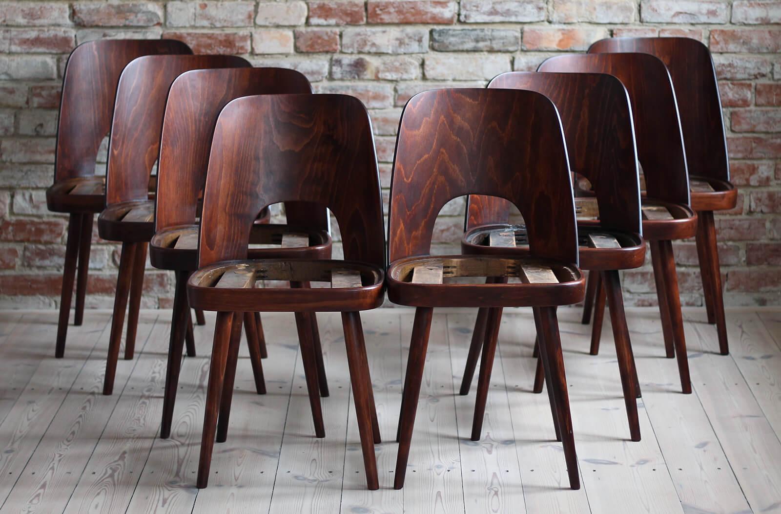 This set of 8 vintage dining chairs was designed by Oswald Haerdtl in the 1950s, famous Austrian designer - together with Mr. Josef Hoffmann he designed the cafe terrace at the Vienna Werkbund Exhibition of 1930, where they designed every little