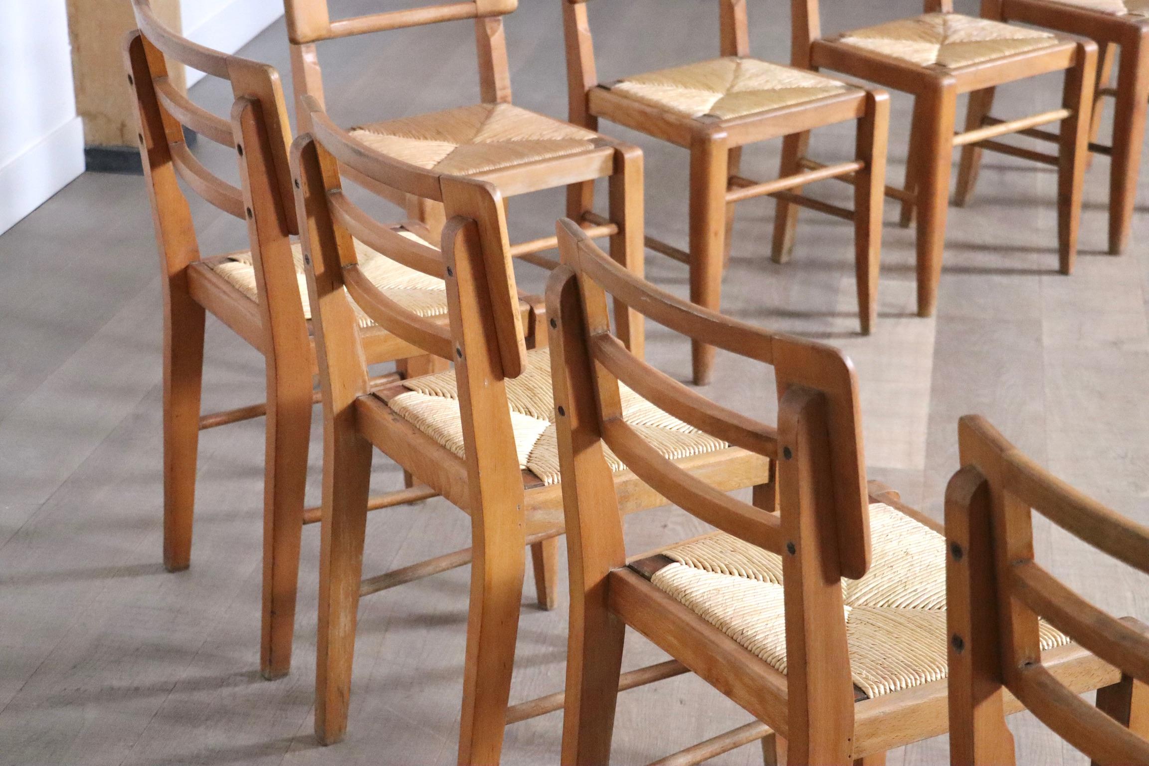 Set Of 8 Dining Chairs By Pierre Cruège In Oak And Straw, France 1950s 6