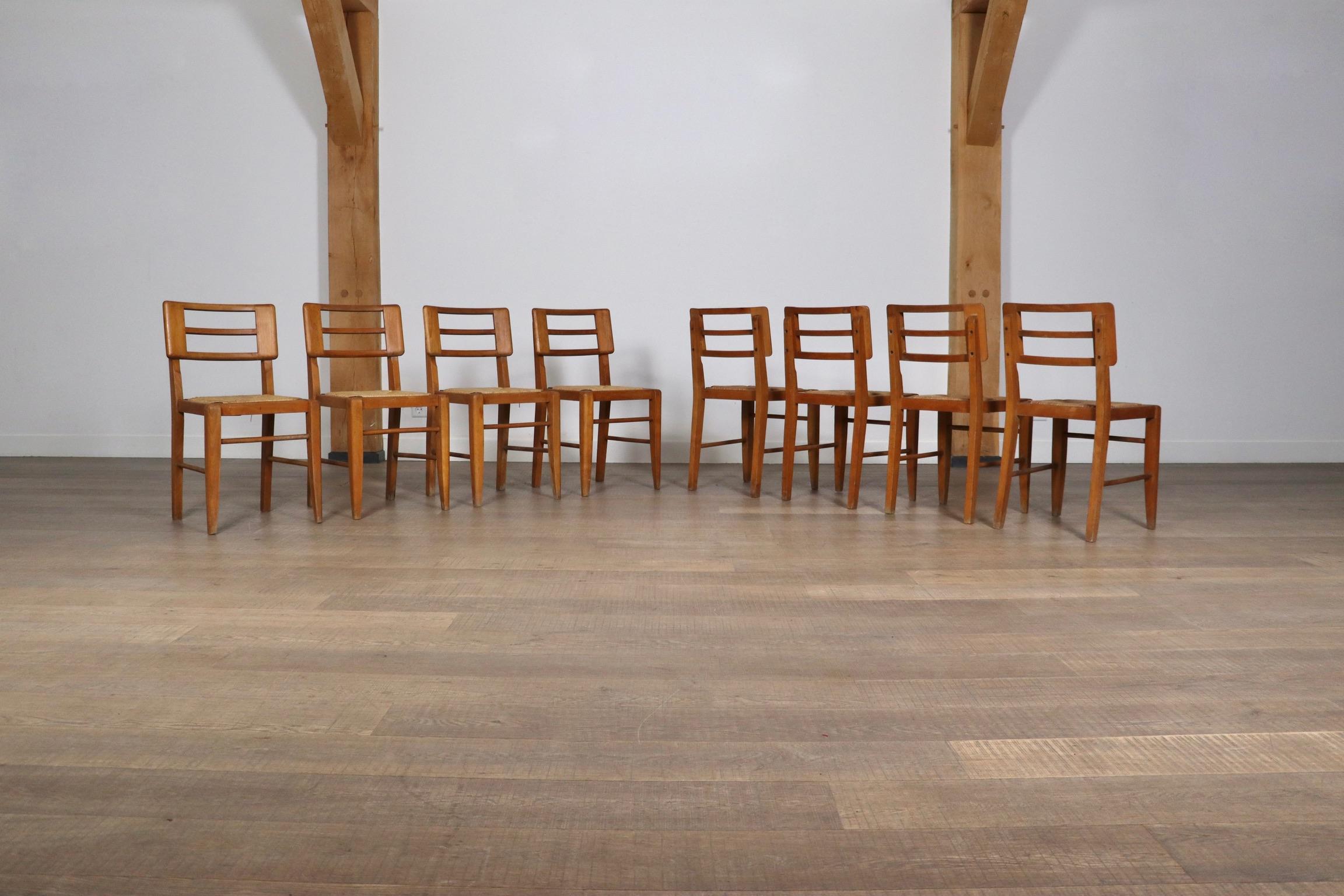 Set Of 8 Dining Chairs By Pierre Cruège In Oak And Straw, France 1950s 7