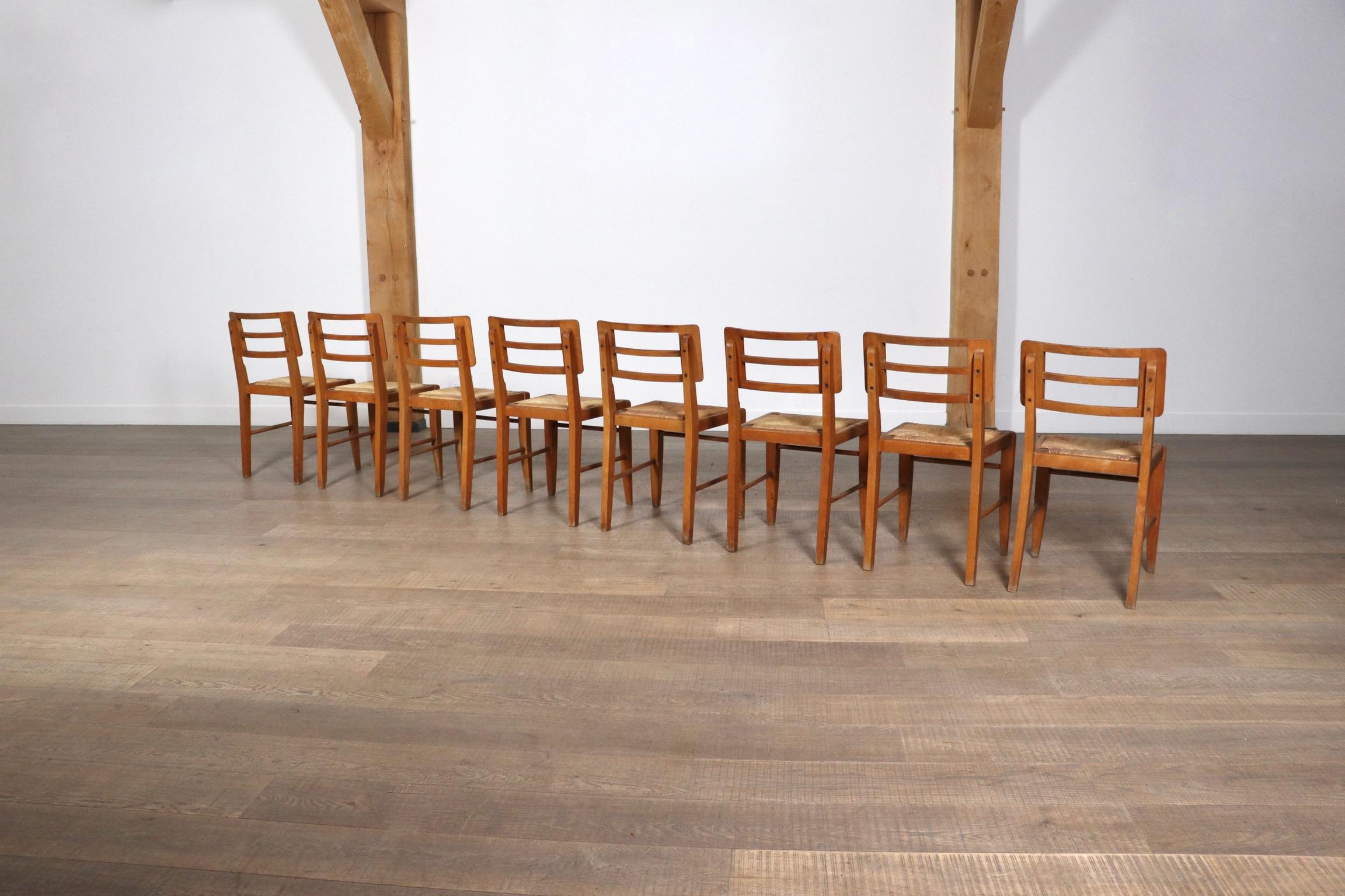 Set Of 8 Dining Chairs By Pierre Cruège In Oak And Straw, France 1950s 8