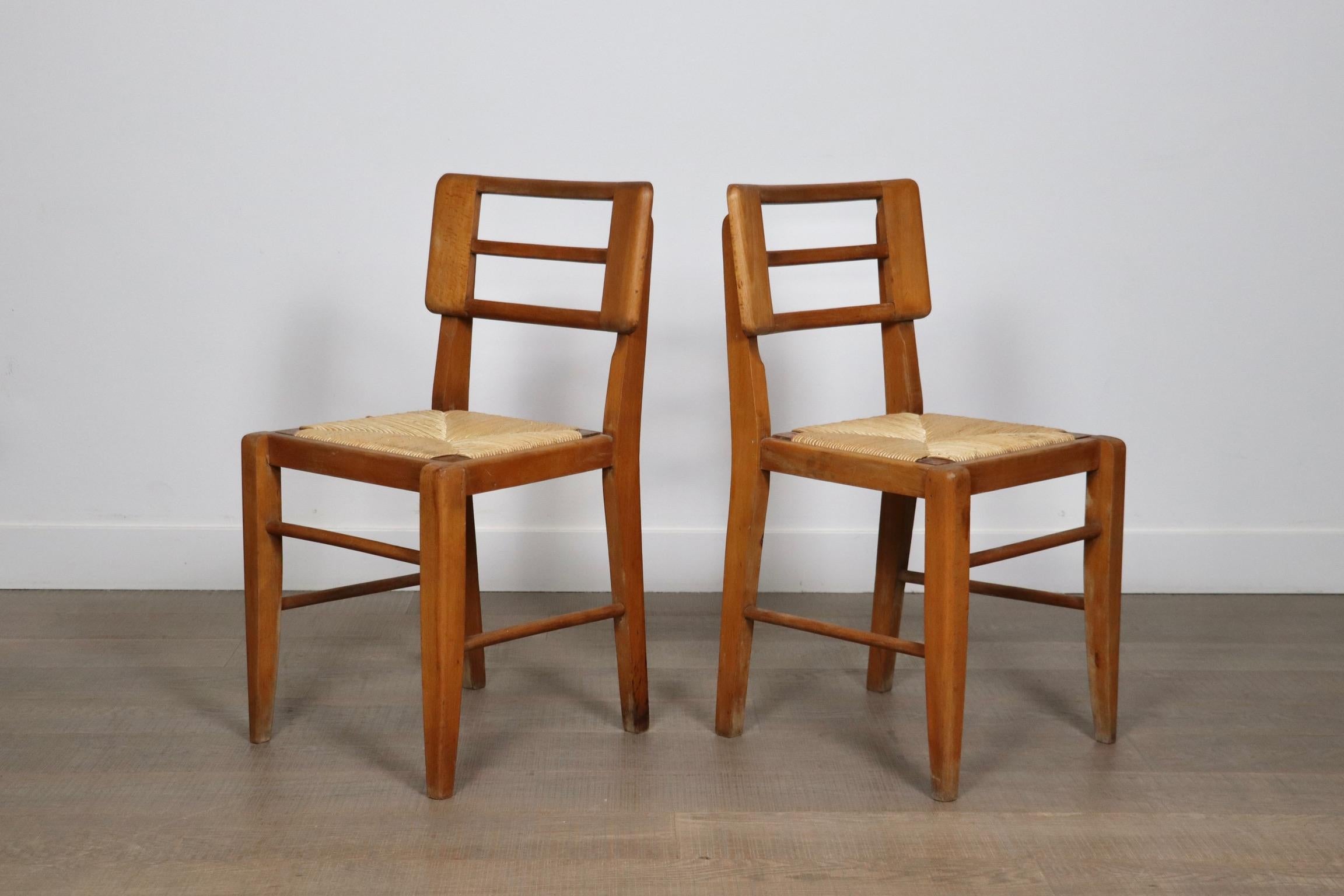 Set Of 8 Dining Chairs By Pierre Cruège In Oak And Straw, France 1950s 9