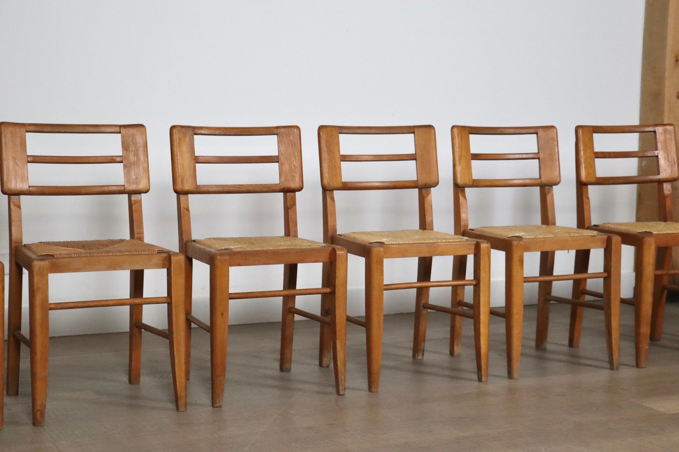 Set Of 8 Dining Chairs By Pierre Cruège In Oak And Straw, France 1950s In Good Condition In ABCOUDE, UT