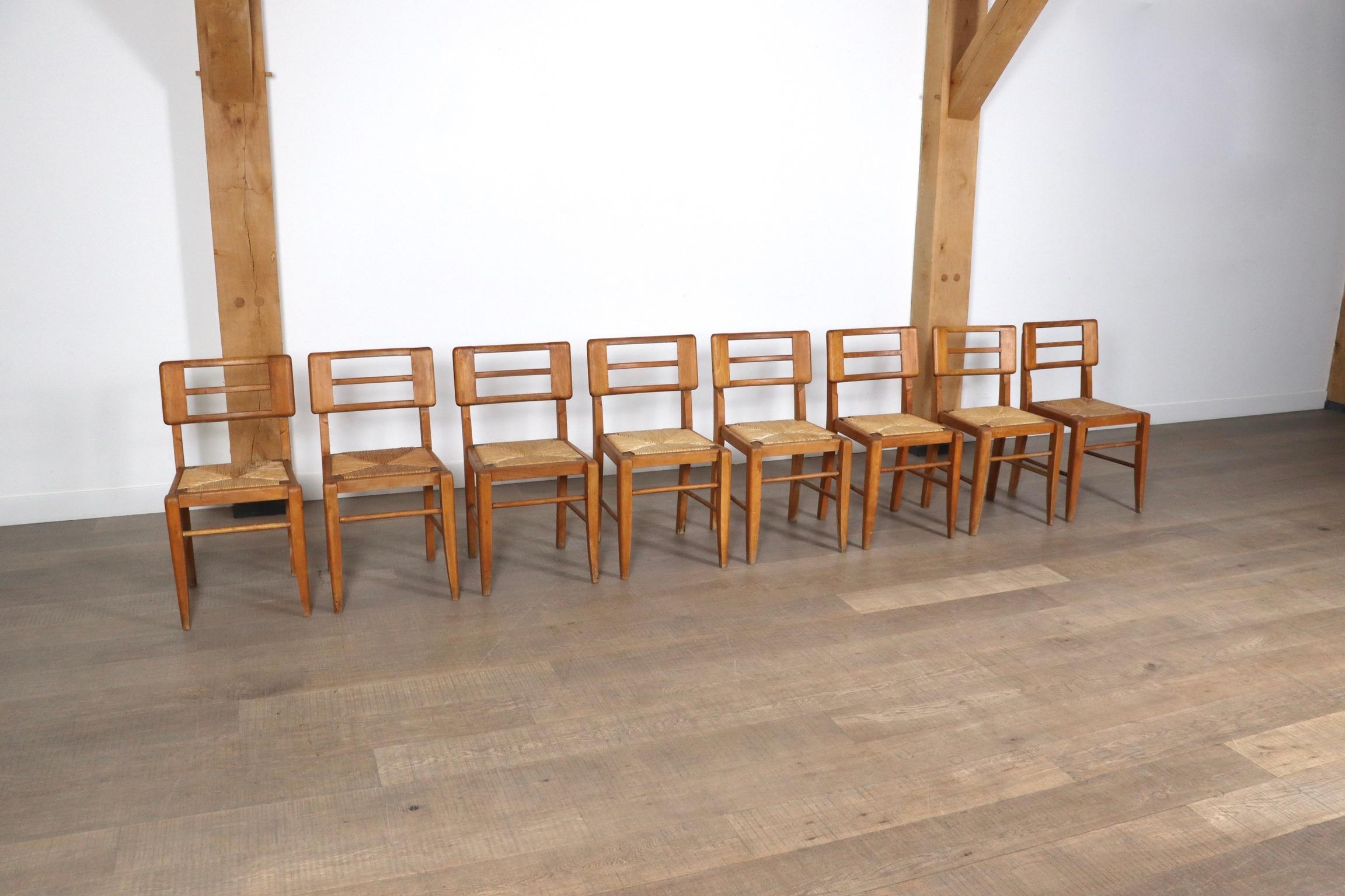 Set Of 8 Dining Chairs By Pierre Cruège In Oak And Straw, France 1950s 1