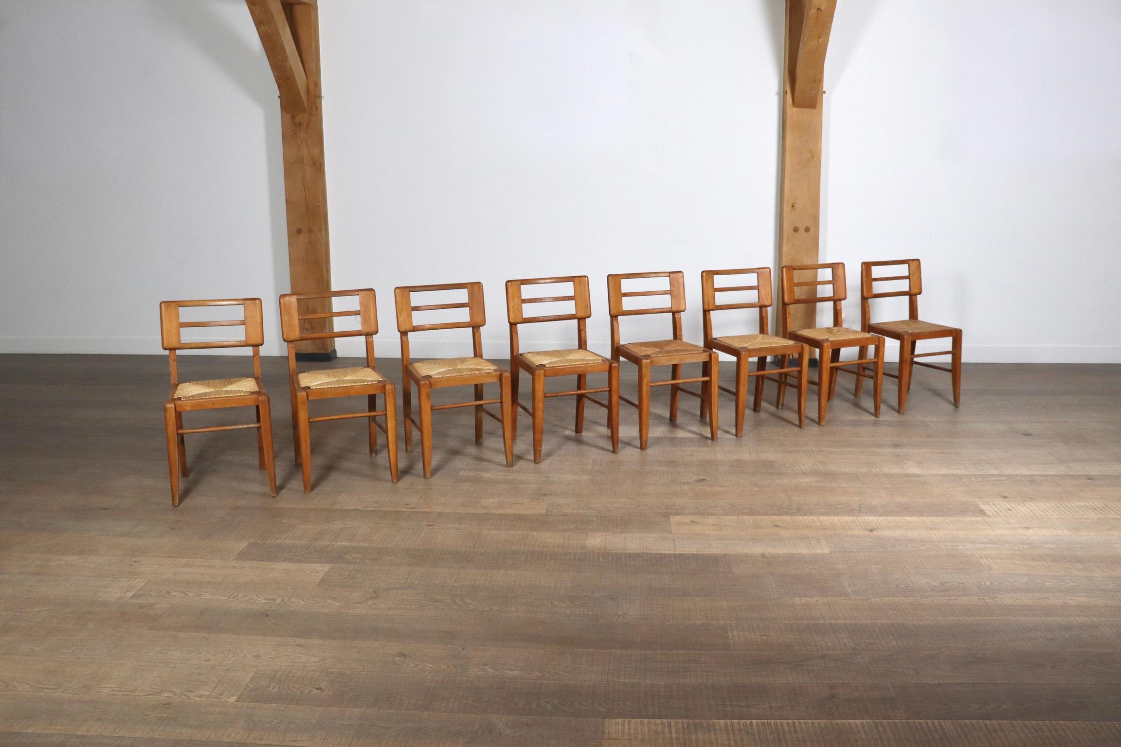 Set Of 8 Dining Chairs By Pierre Cruège In Oak And Straw, France 1950s 3